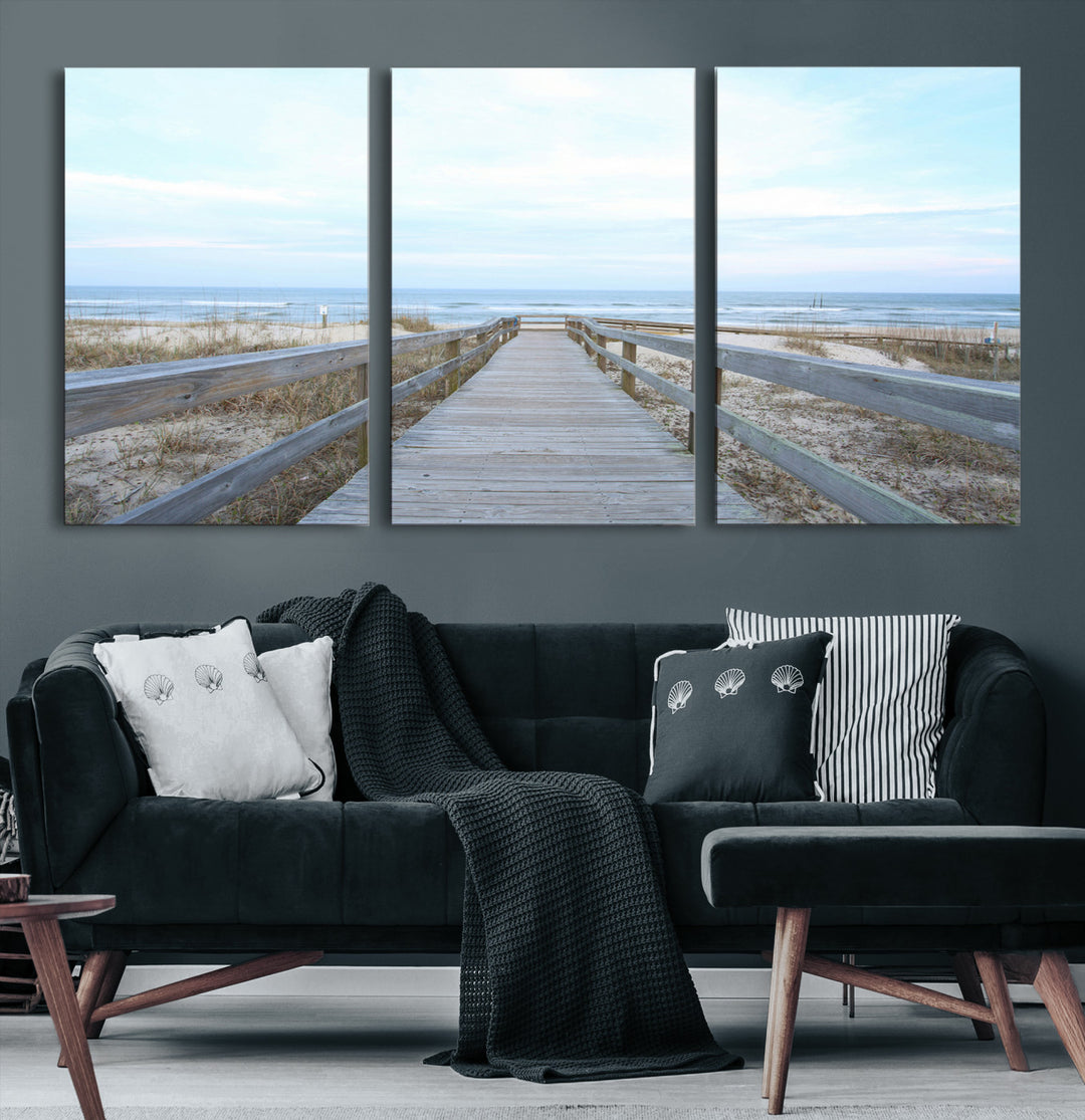 Beach Boardwalk Wall Art Canvas Print, Framed Coastal Serenity Art Picture Print, Ocean View Perfect Coastal Decor Artwork