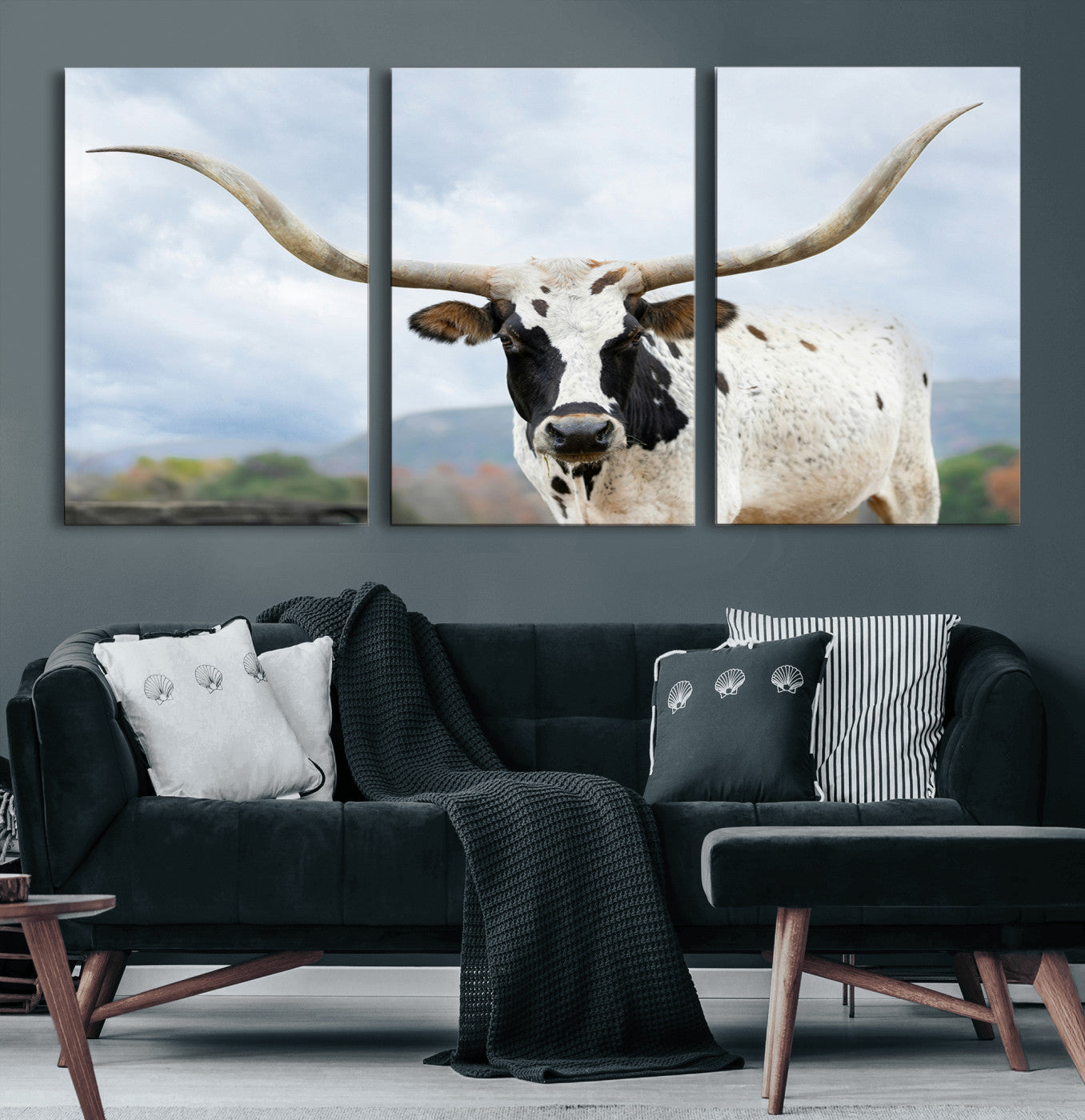 63592811-MGV-CV-60X30-3P-Texas Longhorn Wall Art Canvas Print – Framed Western Rustic Farmhouse Nature Scene Artwork for Home Office