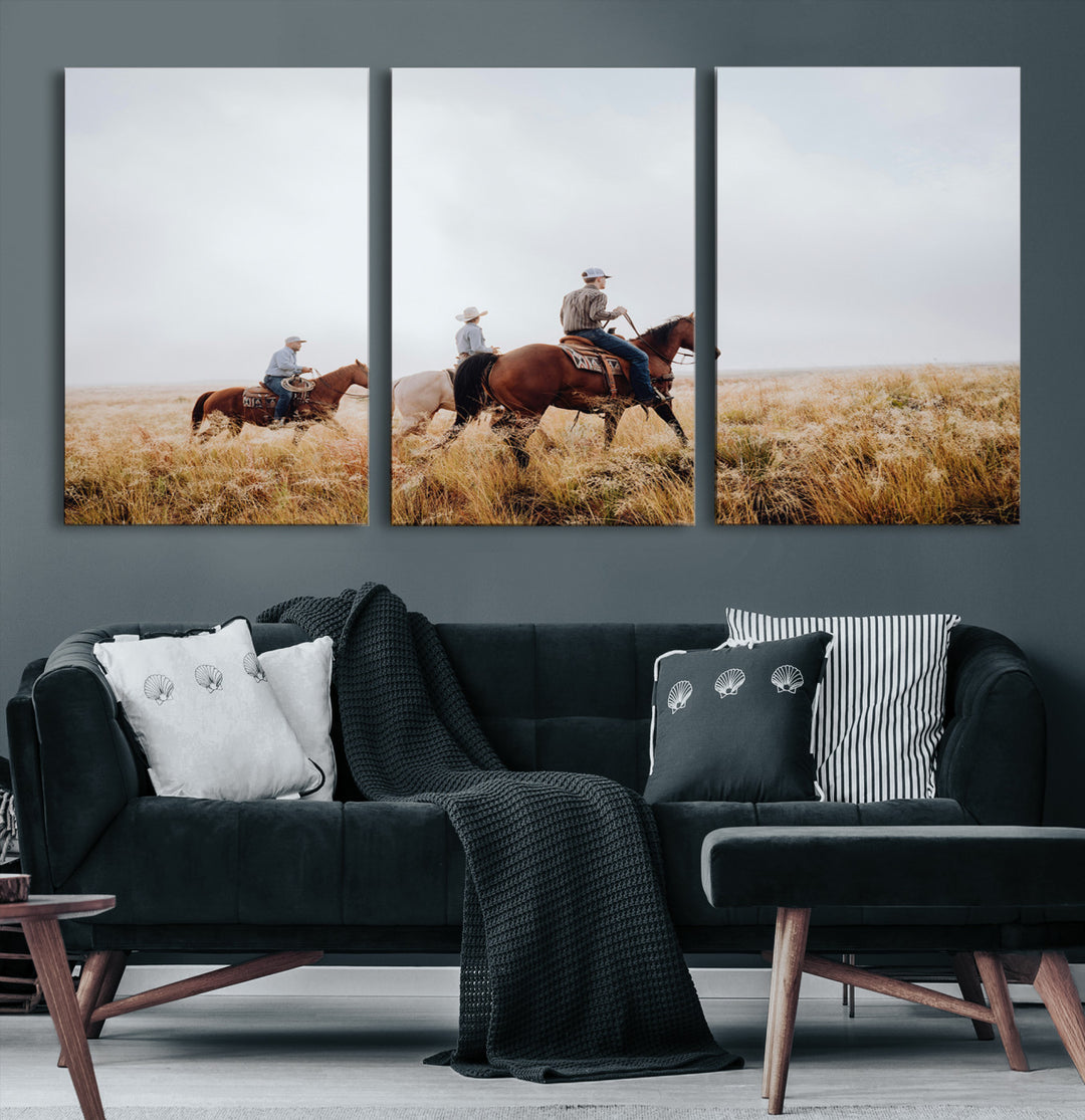 Three cowboys riding horses through a foggy prairie landscape, dressed in Western attire, evoking a rustic and adventurous Wild West aesthetic.