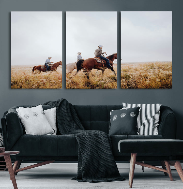 Three cowboys riding horses through a foggy prairie landscape, dressed in Western attire, evoking a rustic and adventurous Wild West aesthetic.