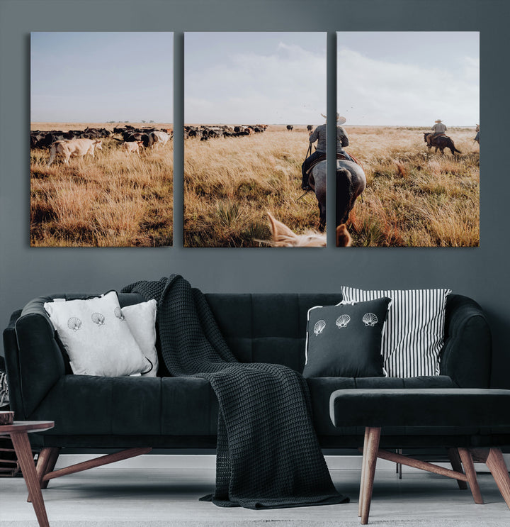 A cowboy and cowgirl on horseback herding cattle through golden grasslands, capturing a rustic and authentic Western ranch lifestyle.