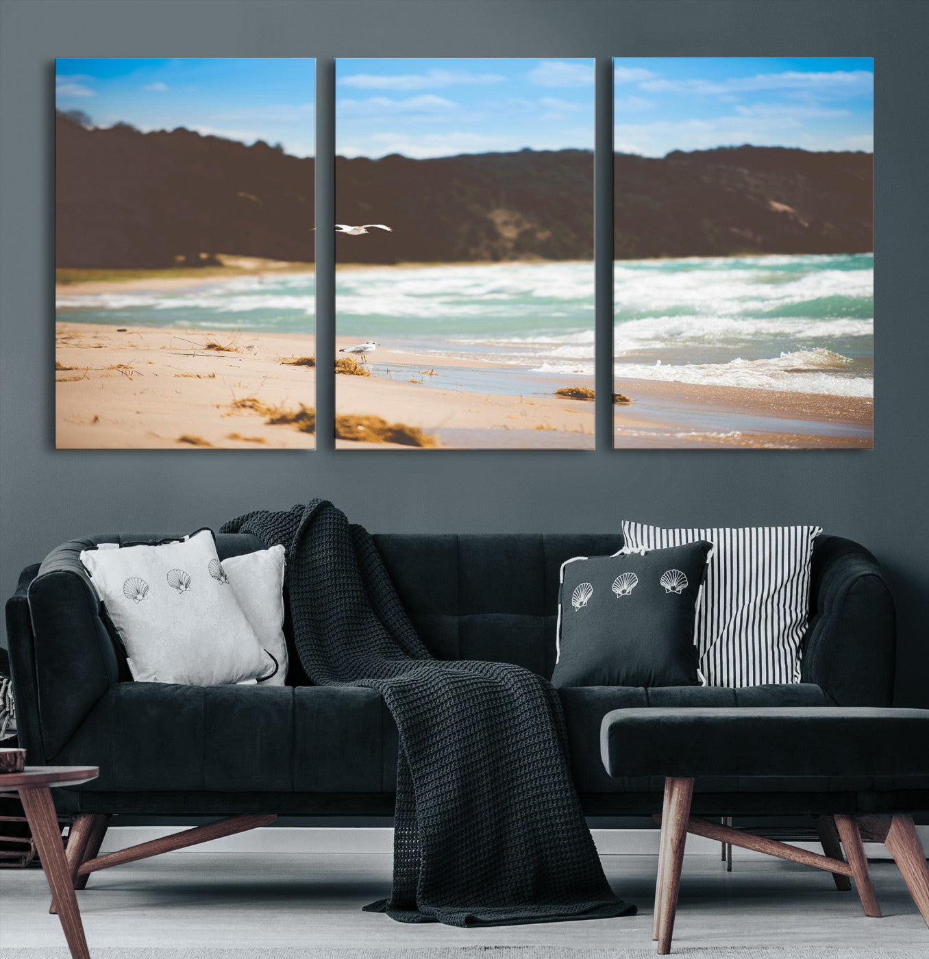84260965-MGV-CV-36X24-Tranquil Beach Scene Wall Art Canvas Print – Framed Blue Ocean Waves Sandy Shore Coastal Nature Artwork for Home Office