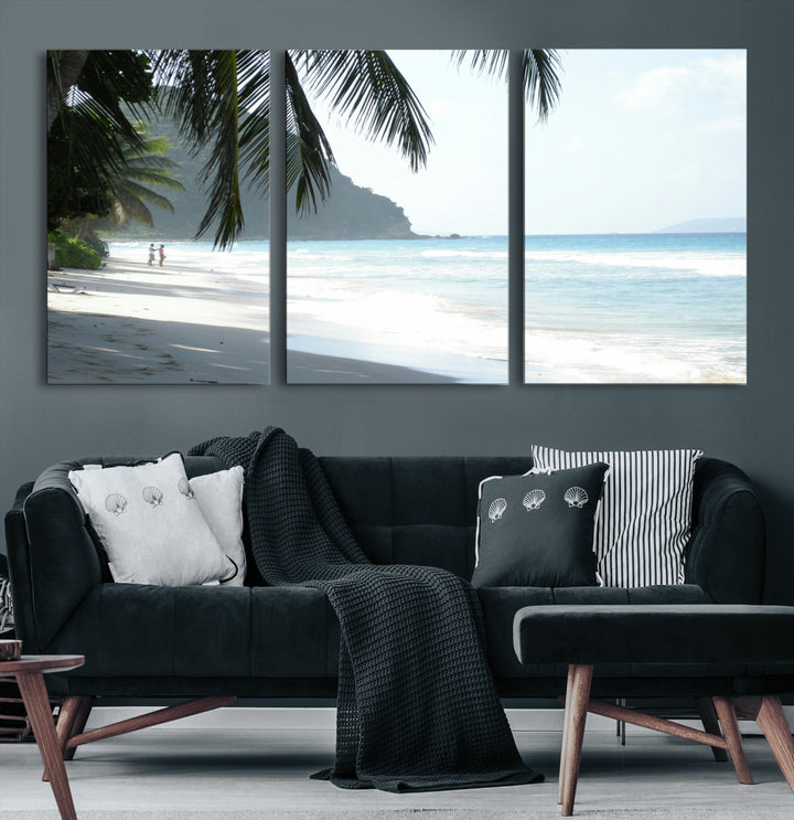 Tropical beach with palm tree shadows, white sand, and turquoise ocean waves, creating a serene and relaxing island escape atmosphere.