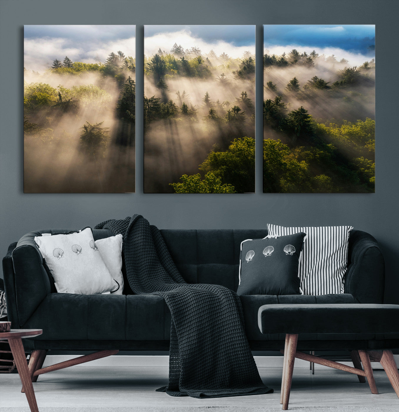 14785710-MGV-CV-36X24-Tranquil Forest Scene Wall Art Canvas Print – Framed Moody Sunbeam Through Trees Nature Artwork for Home Office