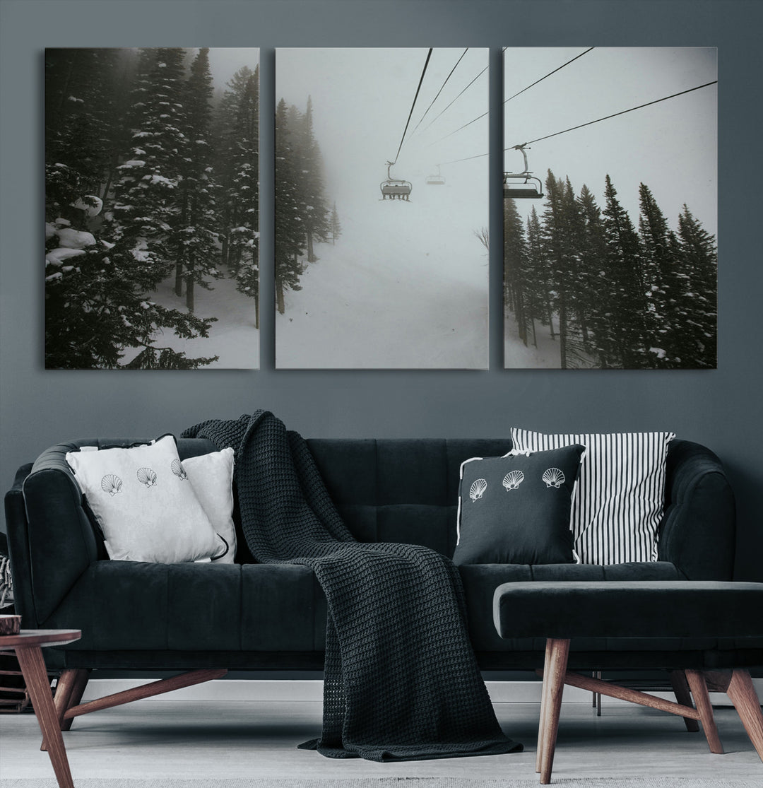 Ski Lift Wall Art Canvas Print, Framed Snowy Pines Art Picture Print, Misty Landscape Perfect Winter Serenity Decor Artwork