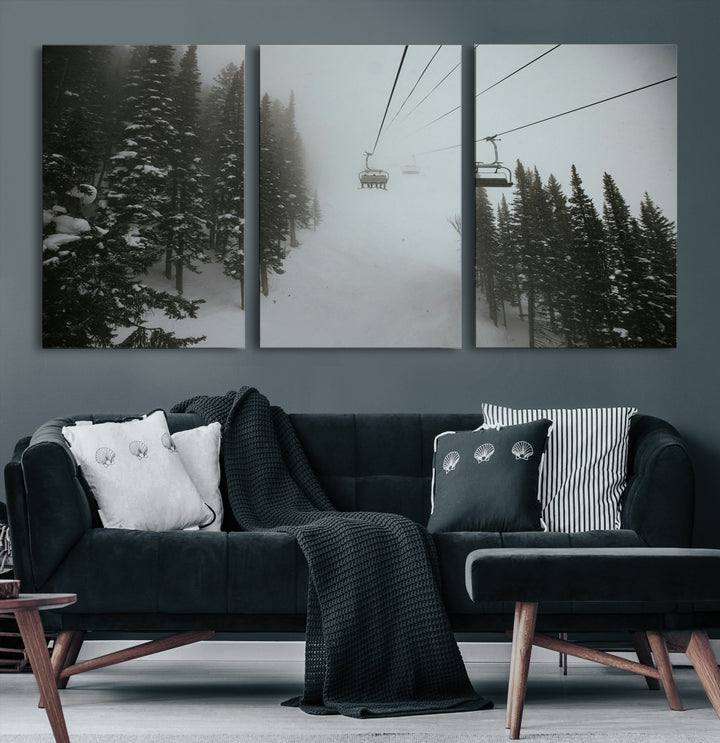 Ski Lift Wall Art Canvas Print, Framed Snowy Pines Art Picture Print, Misty Landscape Perfect Winter Serenity Decor Artwork