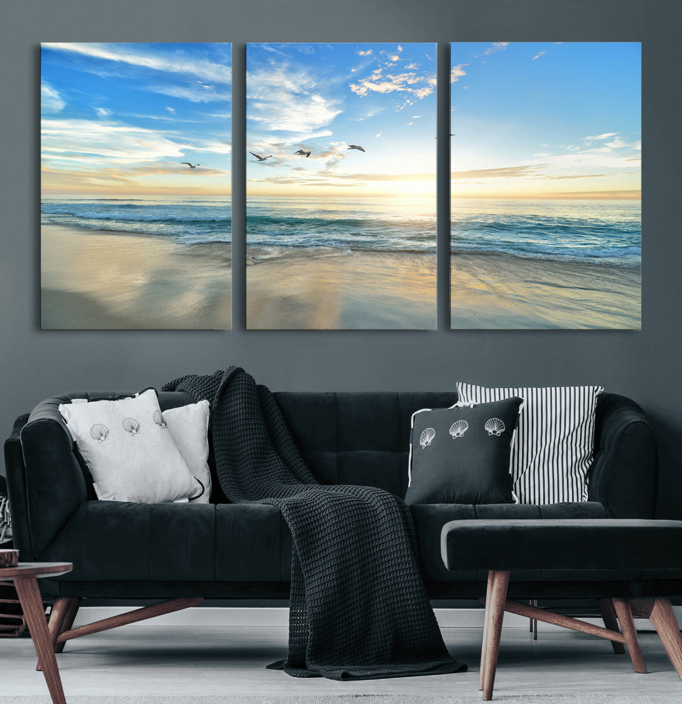 20708696-MGV-CV-60X30-3P-Minimalist Seaside Wall Art Canvas Print – Morning Glow Golden Reflections Coastal Nature Artwork for Home, Office