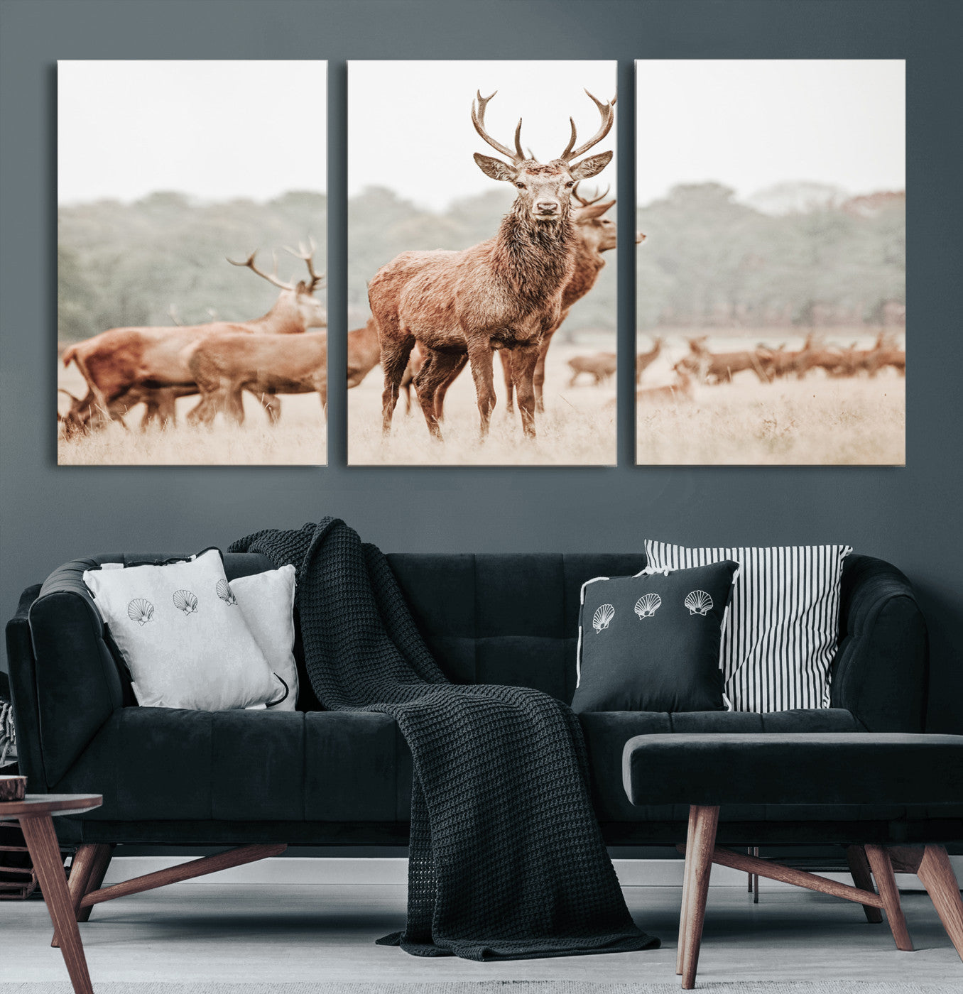 17659786-MGV-CV-60X30-3P-Rustic Nature Wall Art Canvas Print – Stag Woodland Framed Wildlife Art Picture Print Perfect Lodge Decor