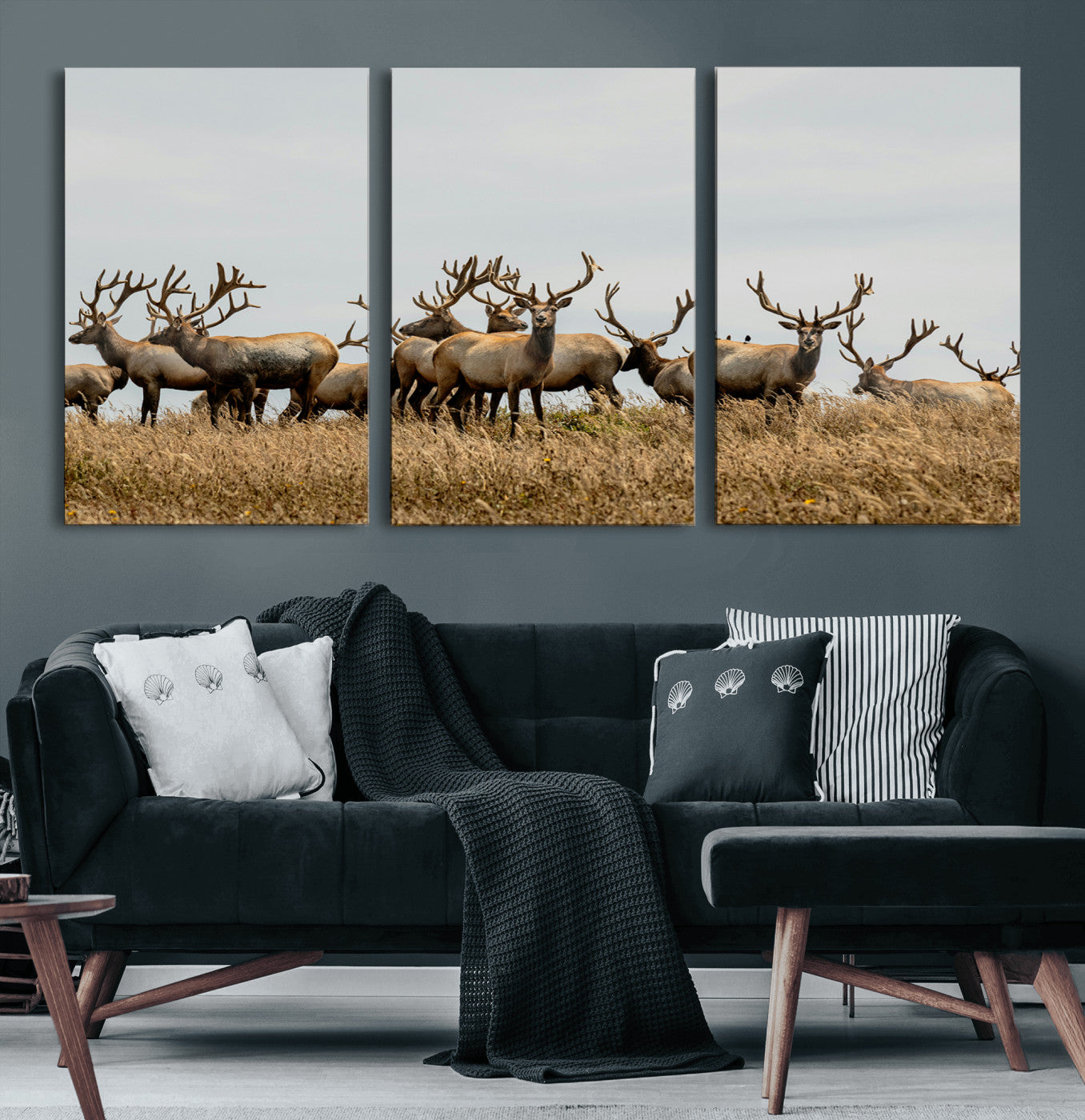 42170220-MGV-CV-60X30-3P-Elk Herd Wall Art Canvas Print – Framed Wildlife Photography Majestic Antlers Nature Scene Artwork for Home Office