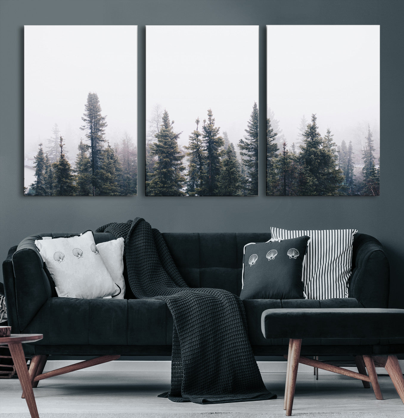 42364796-MGV-CV-36X24-Foggy Forest Wall Art Canvas Print, Framed Misty Pines Art Picture Print, Moody Woodland Perfect Scandinavian Minimalist Decor Artwork