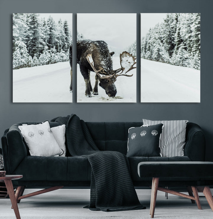 Moose in Snow Wall Art Canvas Print, Framed Winter Wildlife Art Picture Print, Snowy Forest Scene Perfect Rustic Lodge Decor Artwork