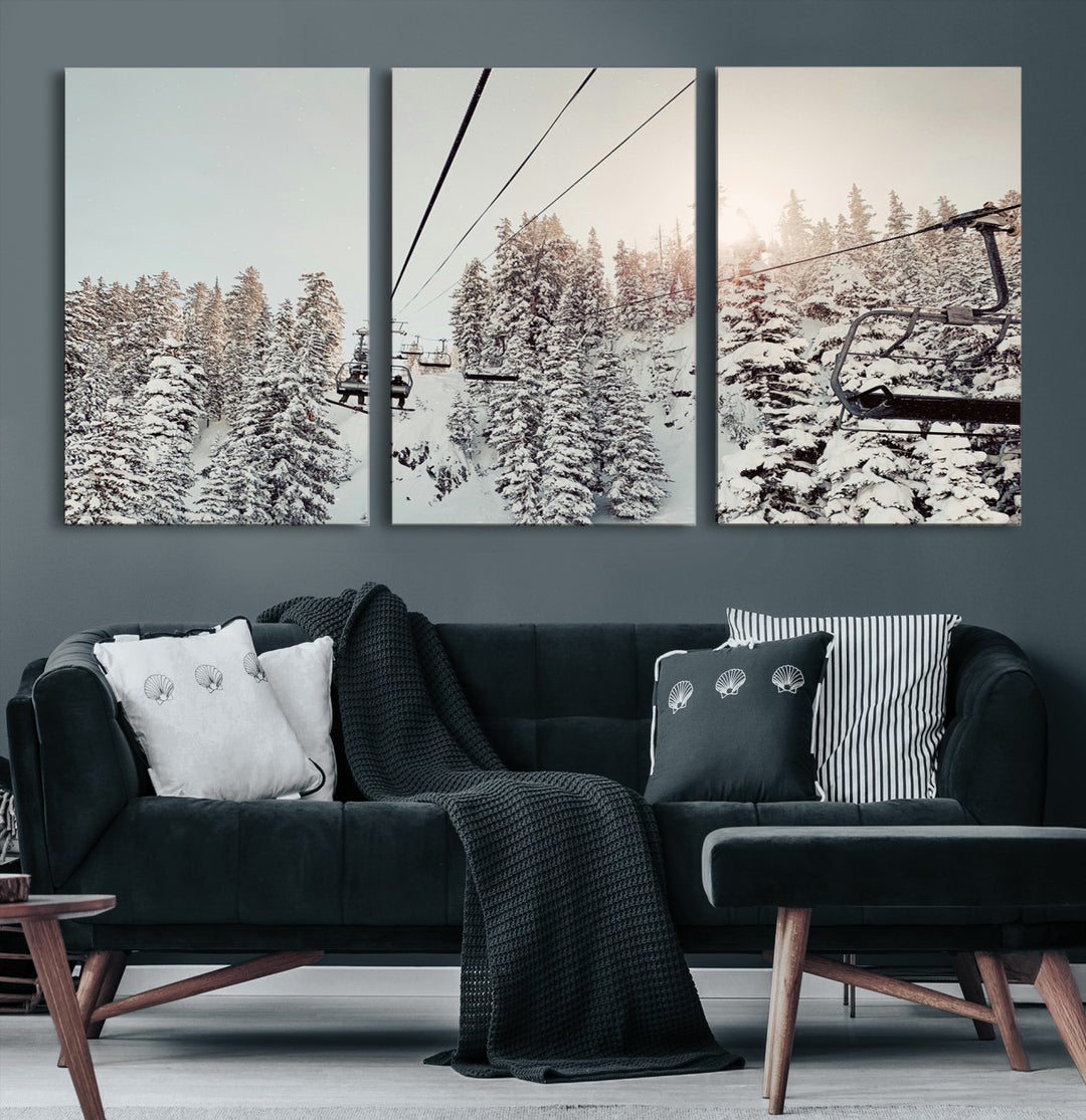 Frosty Pines Wall Art Canvas Print, Framed Cozy Cabin View Art Picture Print, Ski Lift Ride Perfect Rustic Lodge Decor Artwork