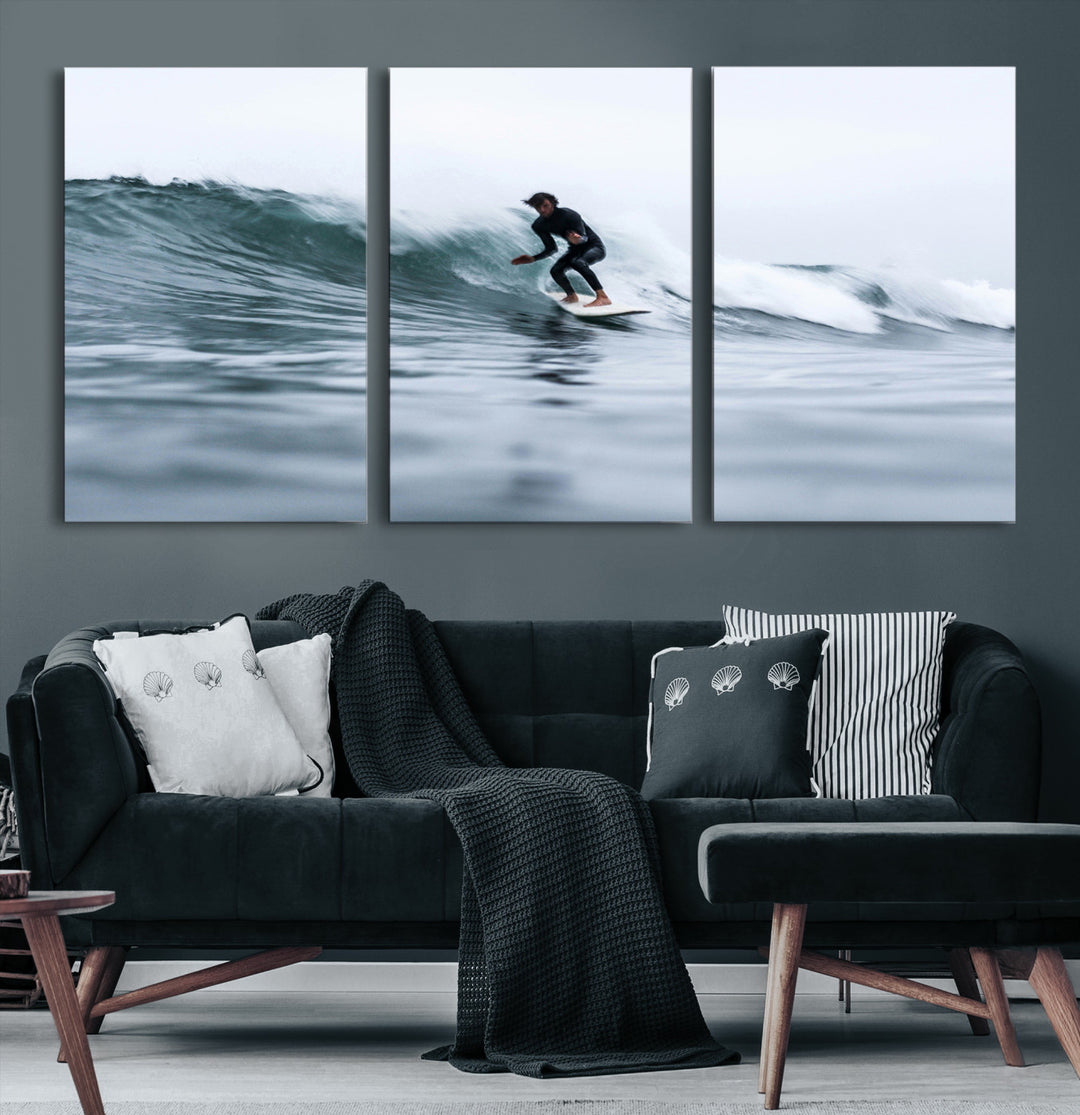 Surfer on Wave Wall Art Canvas Print, Ocean Adventure Print, Framed Motion Blur Water Art Print, Large Deep Blue Surf Printing