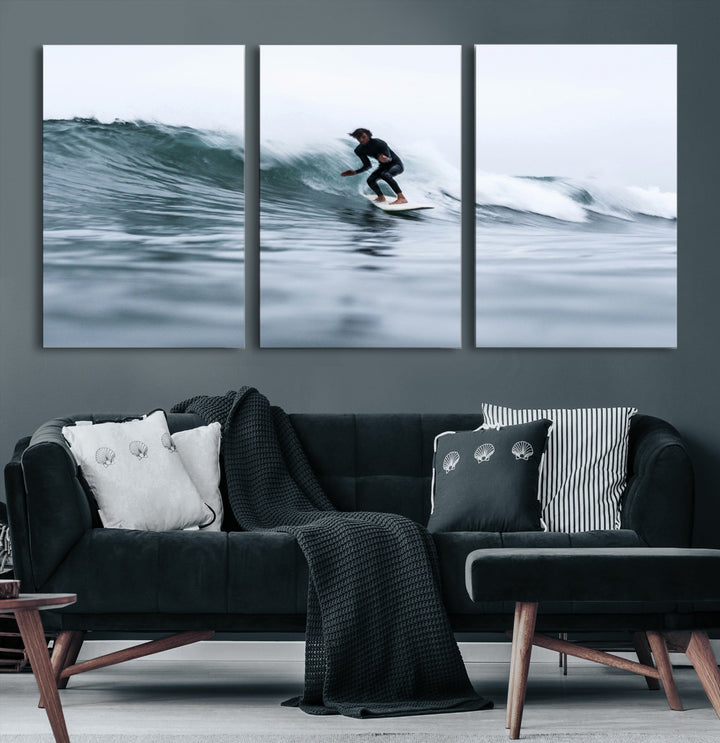 Surfer on Wave Wall Art Canvas Print, Ocean Adventure Print, Framed Motion Blur Water Art Print, Large Deep Blue Surf Printing