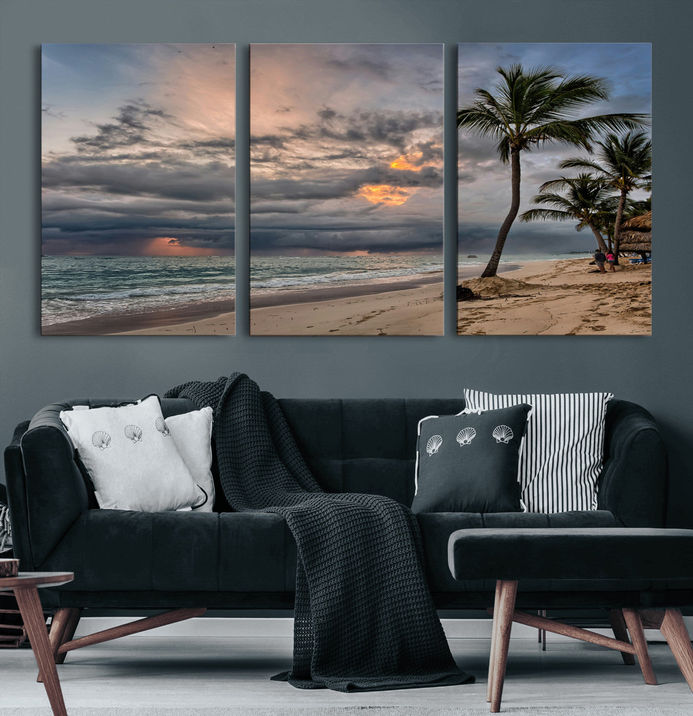 62574547-MGV-CV-60X30-3P-Tropical Storm Wall Art Canvas Print – Framed Moody Beach Dramatic Sky Tropical Coastal Landscape Artwork for Home, Office