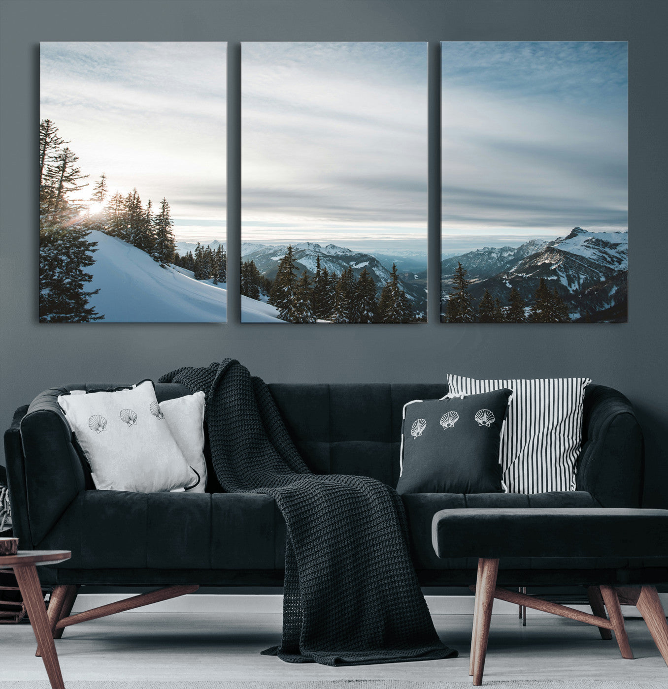 55564749-MGV-CV-60X30-3P-Snowy Mountains Wall Art Canvas Print – Framed Alpine Landscape Frosty Peaks Nordic Minimalist Nature Artwork for Home, Office