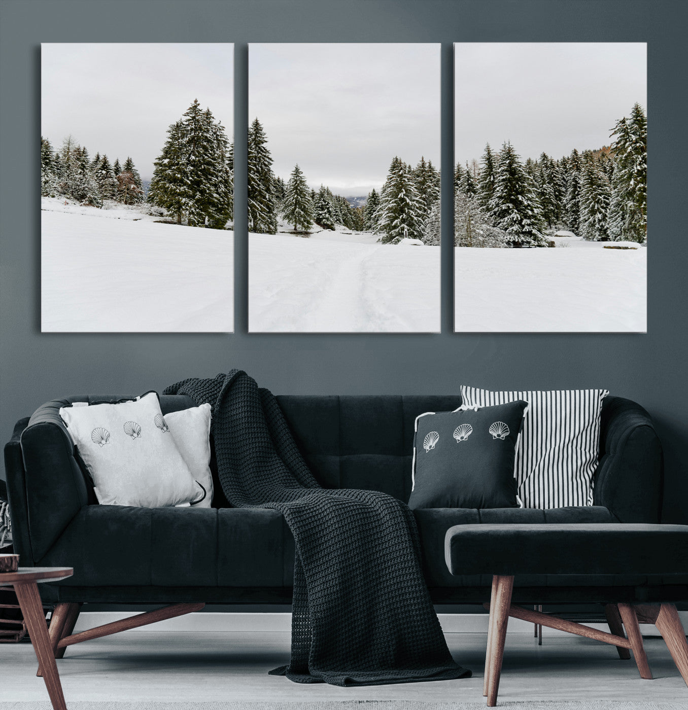 24581417-MGV-CV-60X30-3P-Frosty Pines Wall Art Canvas Print – Framed Silent Snowfall Cozy Cabin Nordic Minimalist Winter Landscape Artwork for Home, Office