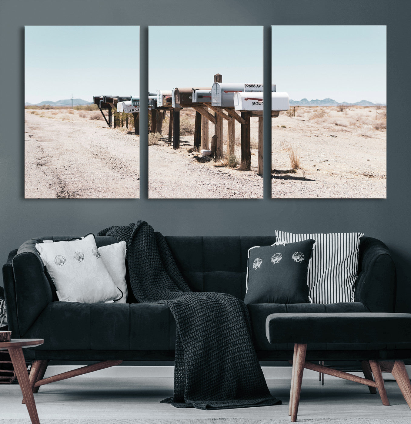 54616109-MGV-CV-60X30-3P-Desert Mailboxes Canvas Print – Framed Minimal Western Landscape Rustic Americana Photography Wall Art for Home, Office