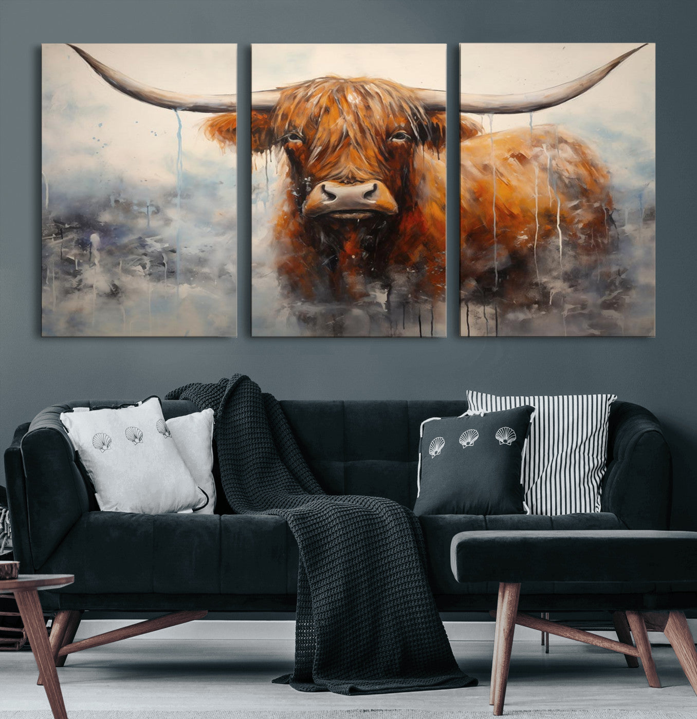 MGV-CV-60X30-3P - Scottish Highland Wall Art Canvas Print, Framed Longhorn Art Picture Print, Western Cow Perfect Farmhouse Decor Artwork
