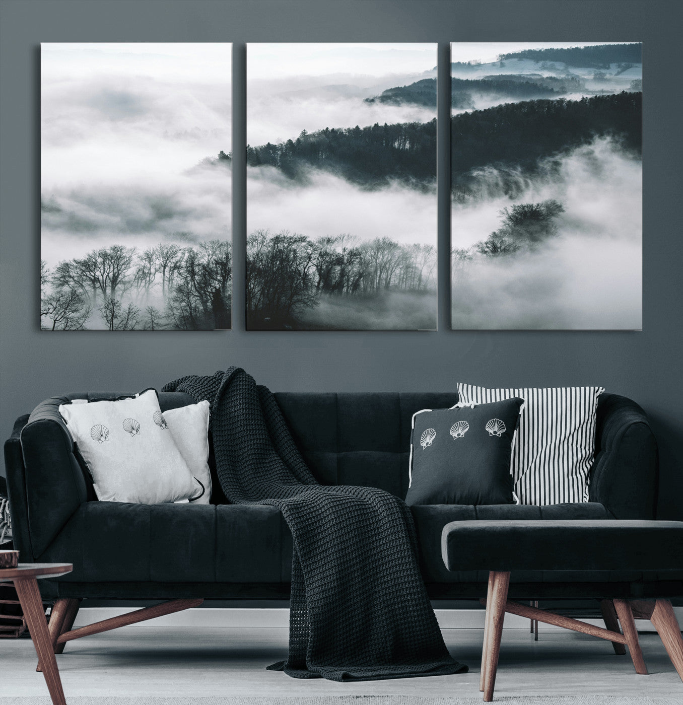MGV-CV-60X30-3P - Foggy Forest Landscape Wall Art Canvas Print – Misty Mountain Valley Scene in Monochrome Tones,