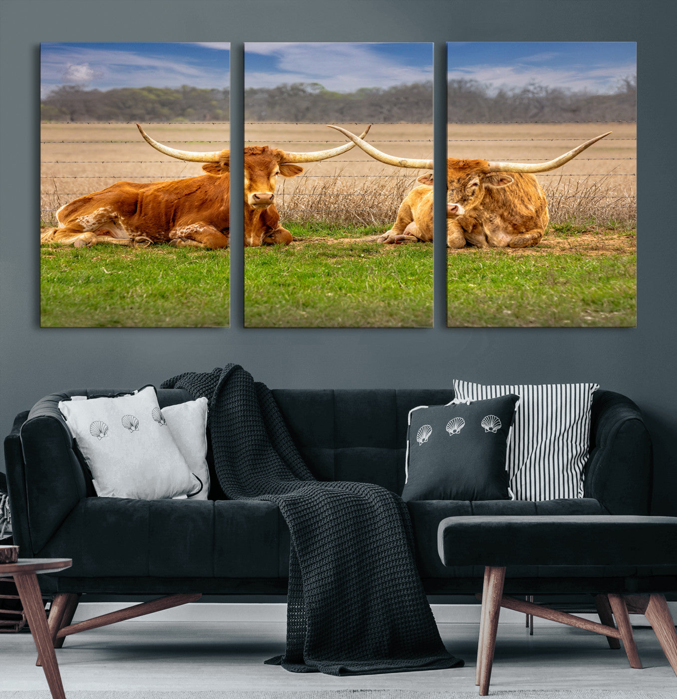 MGV-CV-60X30-3P - Texas Longhorn Pair Wall Art Canvas Print – Peaceful Rustic Ranch Scene with Two Cattle in Field,