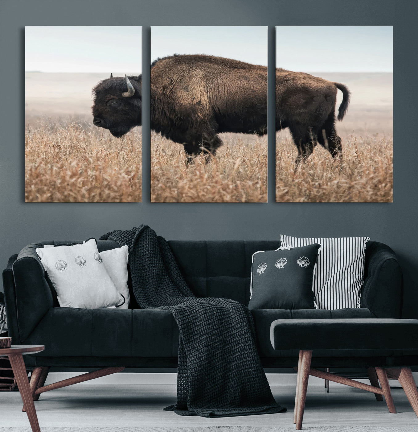 69909079-MGV-CV-60X30-3P-American Bison Field Wall Art Canvas Print – Majestic Buffalo Grazing Wide Open Plains Wildlife Artwork for Home, Office