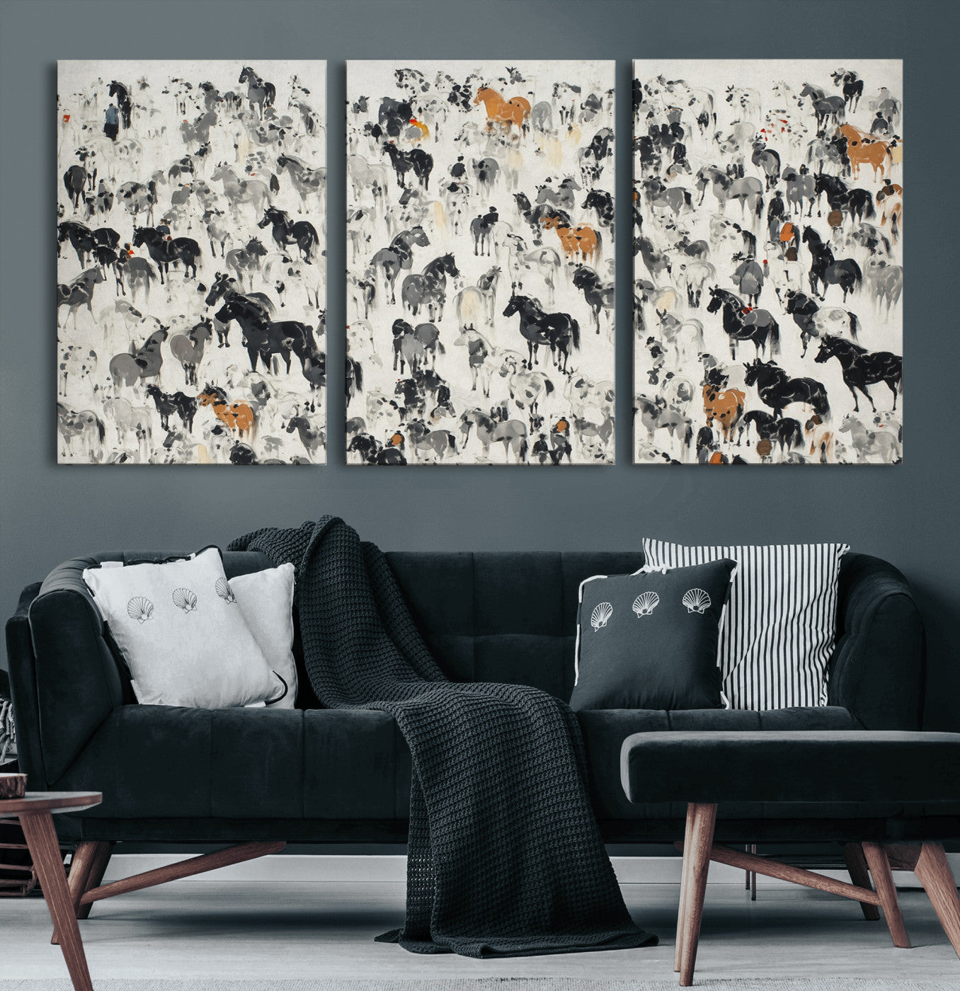 56463722-MGV-CV-60X30-3P-Wild Horse Stampede Wall Art Canvas Print – Monochrome Running Horses Dynamic Motion Elegant Scene Artwork for Home, Office