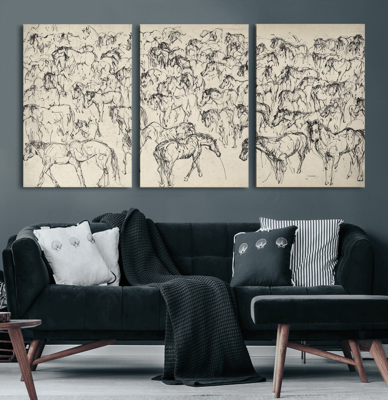 86653927-MGV-CV-60X30-3P-Wild Horse Stampede Wall Art Canvas Print – Monochrome Running Horses Dynamic Motion Elegant Artwork for Home, Office