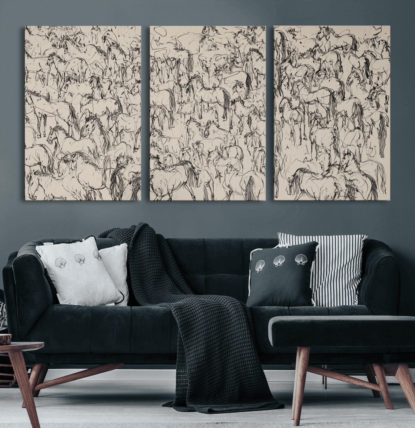 12358908-MGV-CV-60X30-3P-Wild Horse Stampede Wall Art Canvas Print – Monochrome Running Horses Dynamic Motion Elegant Artwork for Home, Office