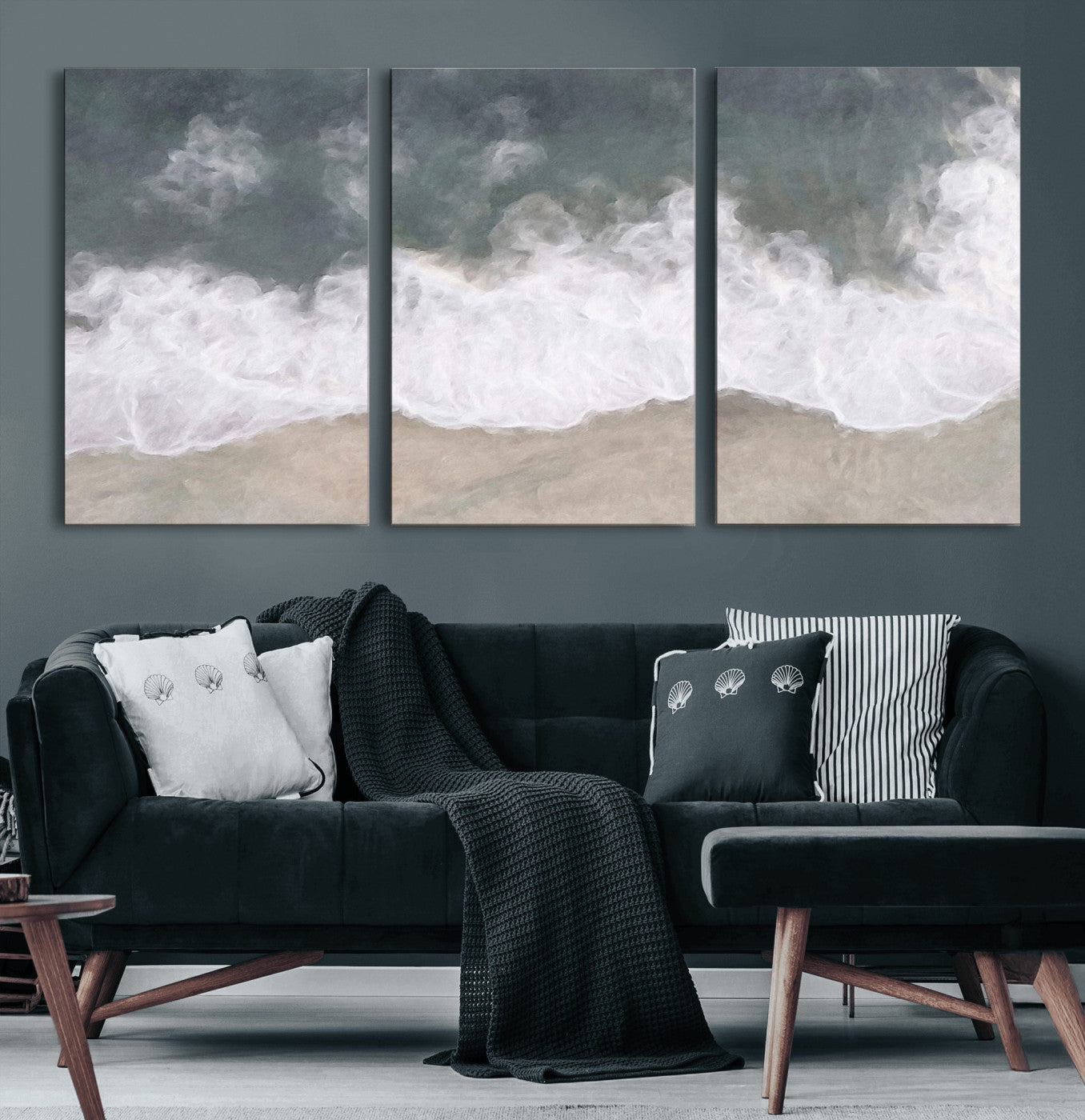 Wall art canvas print featuring foamy ocean waves softly rolling onto a sandy shore with a dreamy, painterly texture.