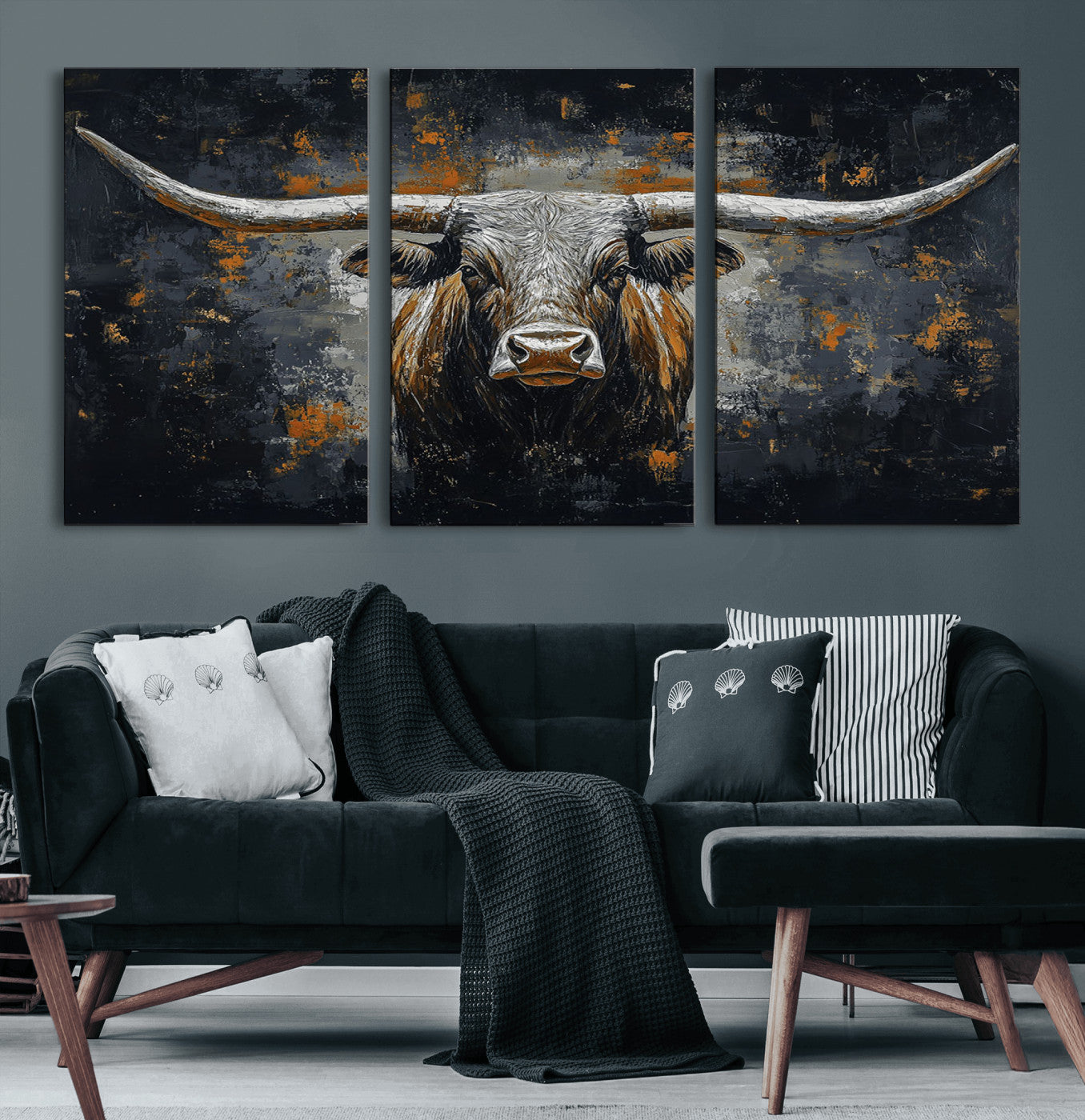 93195031-MGV-CV-60X30-3P-Rustic Longhorn Bull Wall Art Canvas Print – Vintage Western Cattle Scene, Texas Steer Artwork for Home, Office