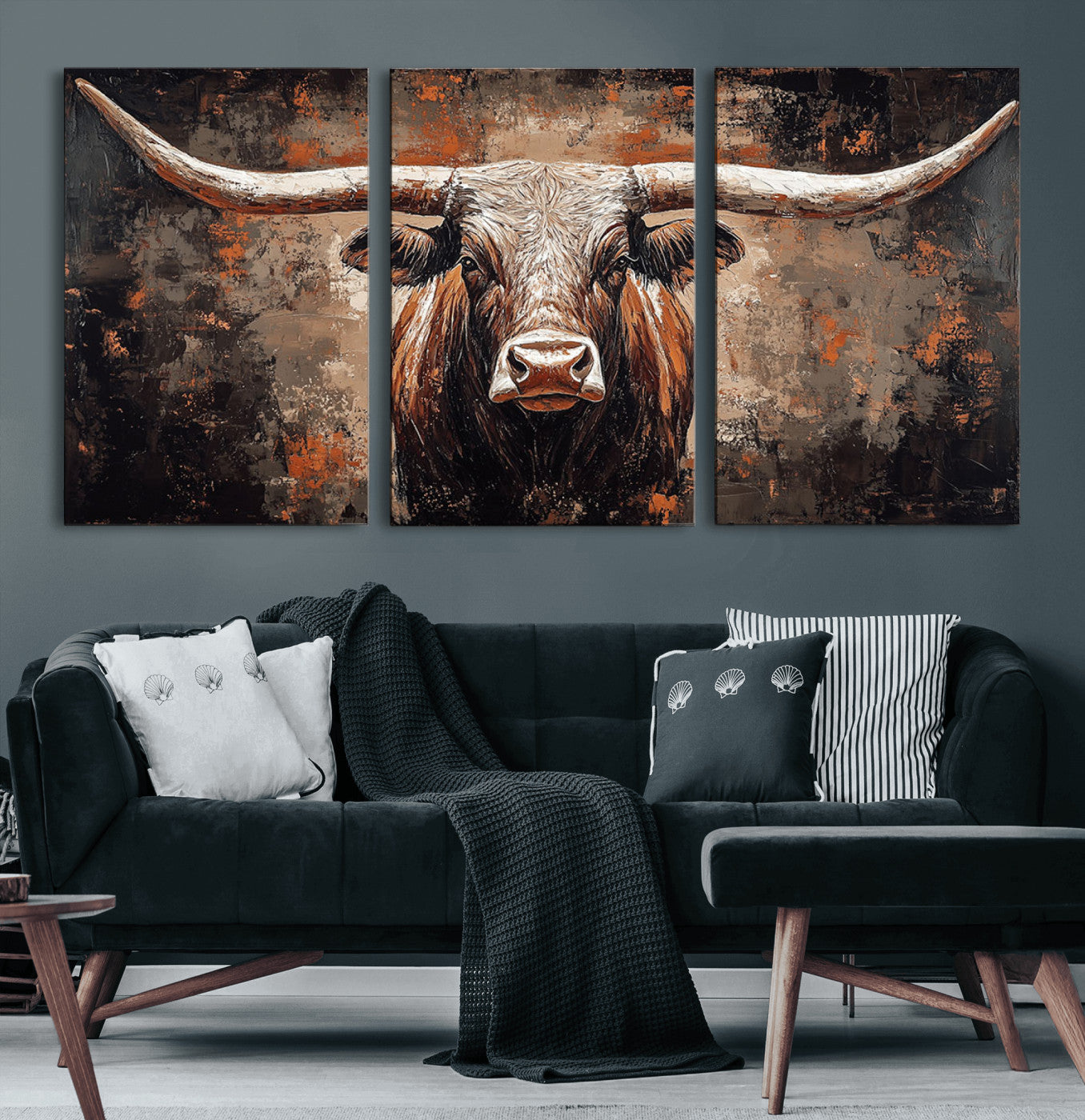 42732393-MGV-CV-60X30-3P-Rustic Longhorn Bull Wall Art Canvas Print – Vintage Western Cattle Scene, Texas Steer Artwork for Home, Office