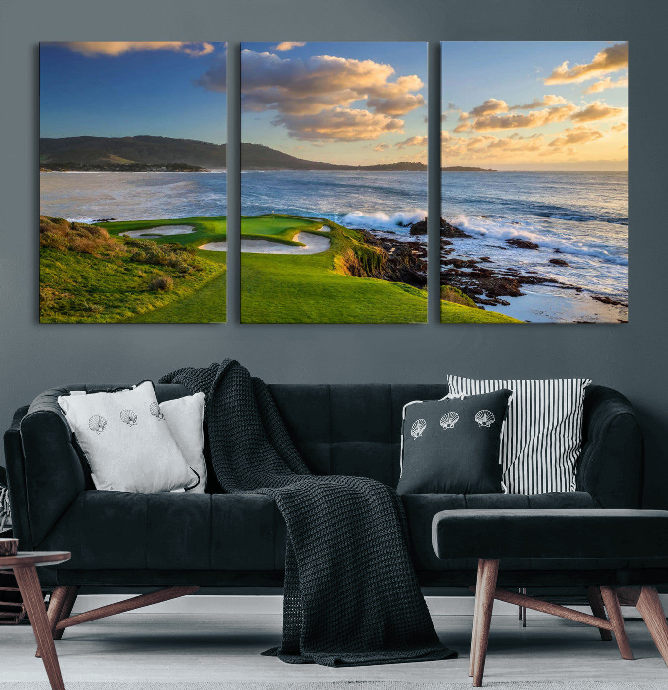 50107048-MGV-CV-60X30-3P-Pebble Beach Golf Links Wall Art Canvas Print – Iconic Coastal Golf Course Artwork for Home, Office, Living Room