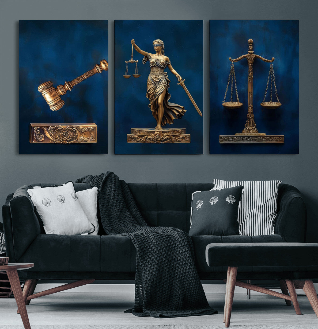 91629053-MGV-CV-60X30-3P-Lady Justice Wall Art Canvas Print – Elegant Gold Legal Symbols Blue Background Artwork for Home, Office, Living Room