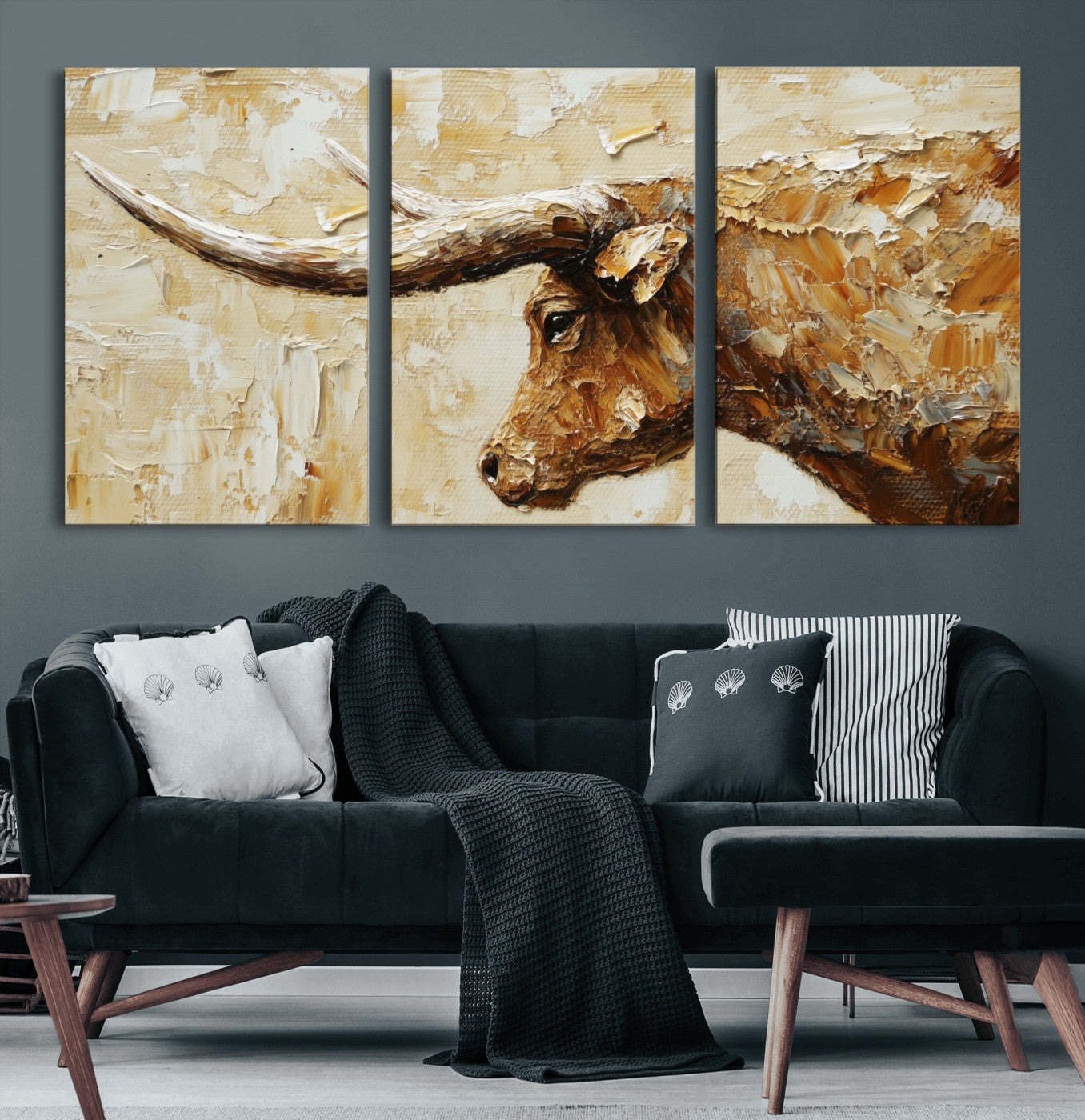 69611428-MGV-CV-36X24 - Rustic Longhorn Bull Wall Art Canvas Print – Vintage Western Cattle Painting, Texas Abstract Wall Cow Prints