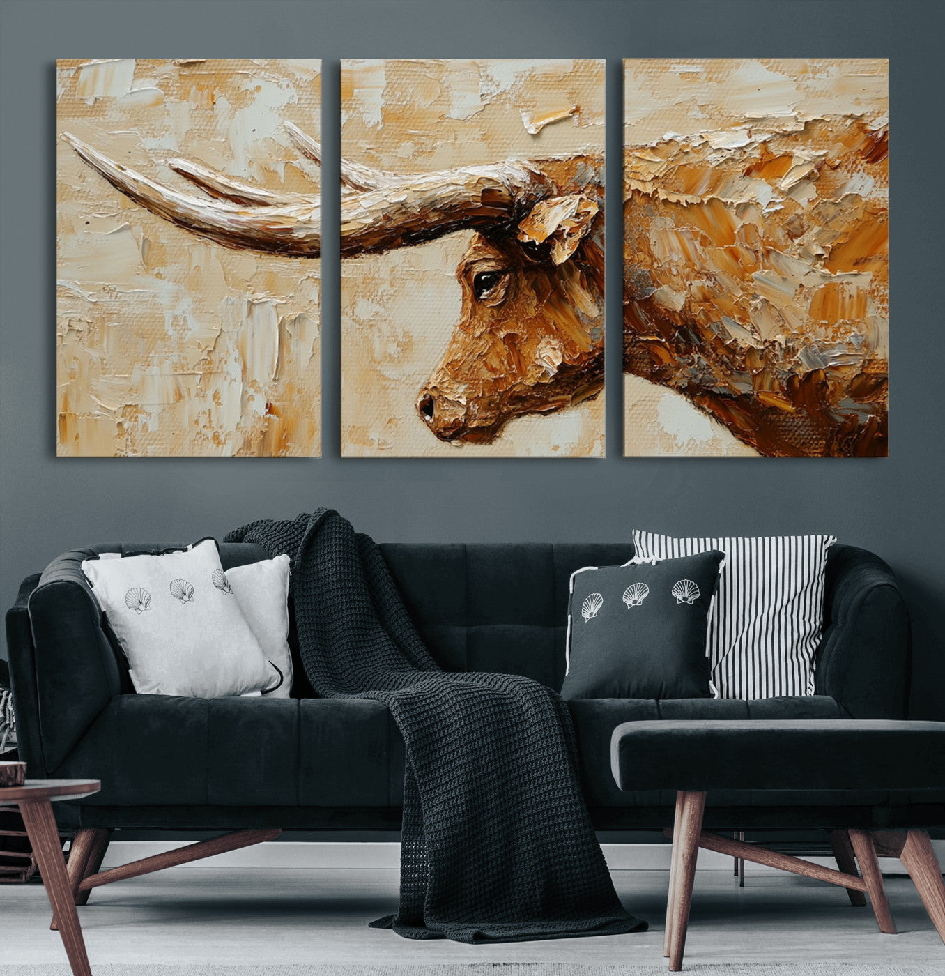 MGV-CV-60X30-3P - Rustic Longhorn Bull Wall Art Canvas Print – Vintage Western Cattle Painting, Texas Steer Artwork