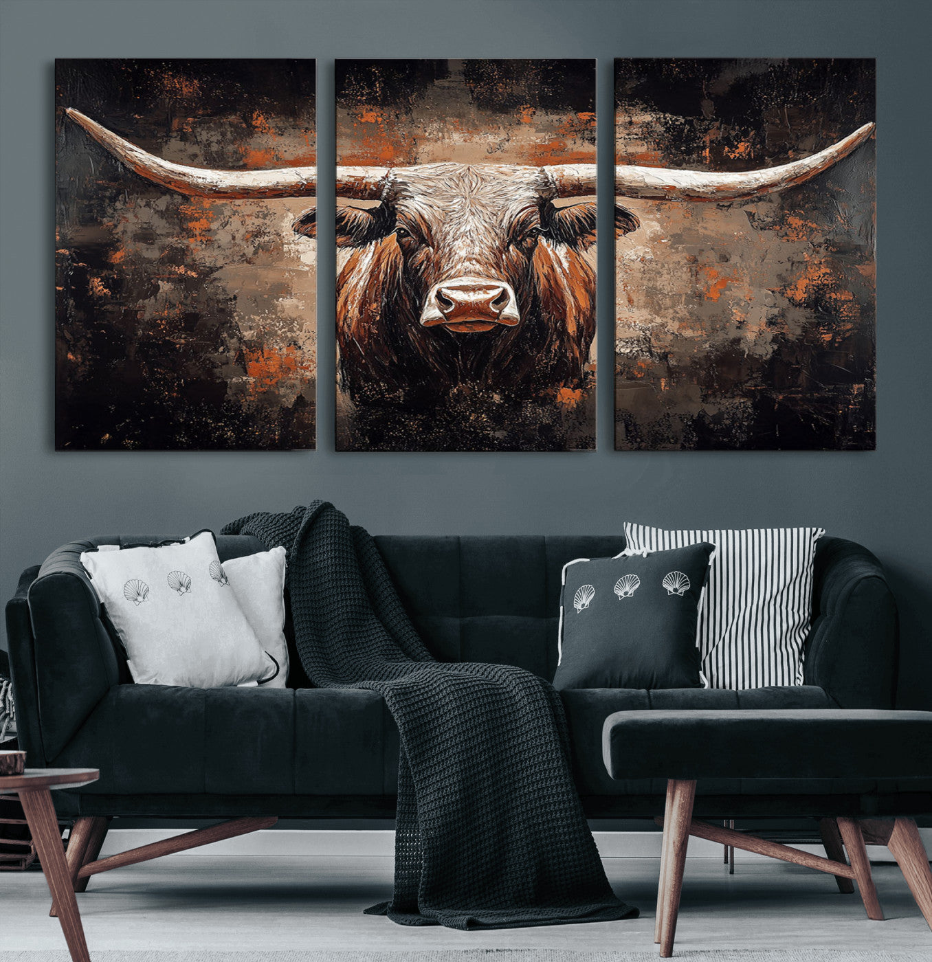 MGV-CV-60X30-3P - Rustic Longhorn Bull Wall Art Canvas Print – Vintage Western Cattle Painting, Texas Steer Artwork Print