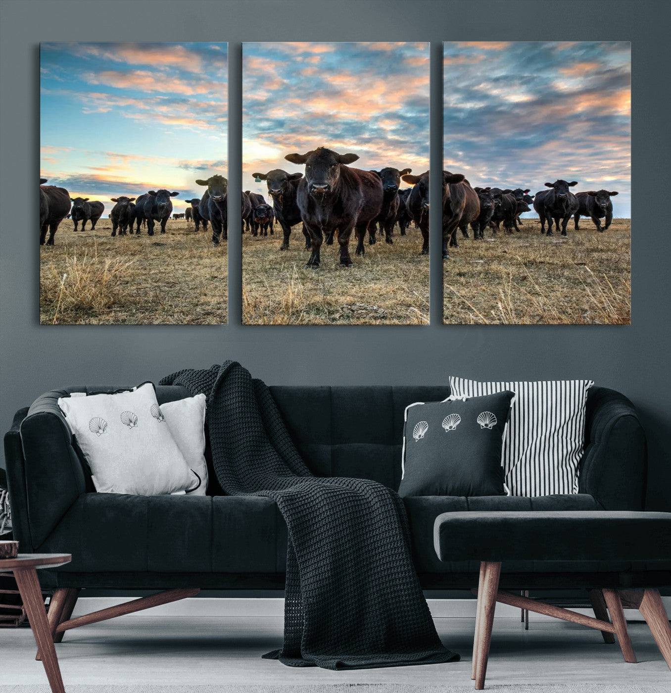 MGV-CV-60X30-3P - Texas Longhorn Cattle Wall Art Canvas Print – Rustic Western Ranch Scene with Steers at Sunset,