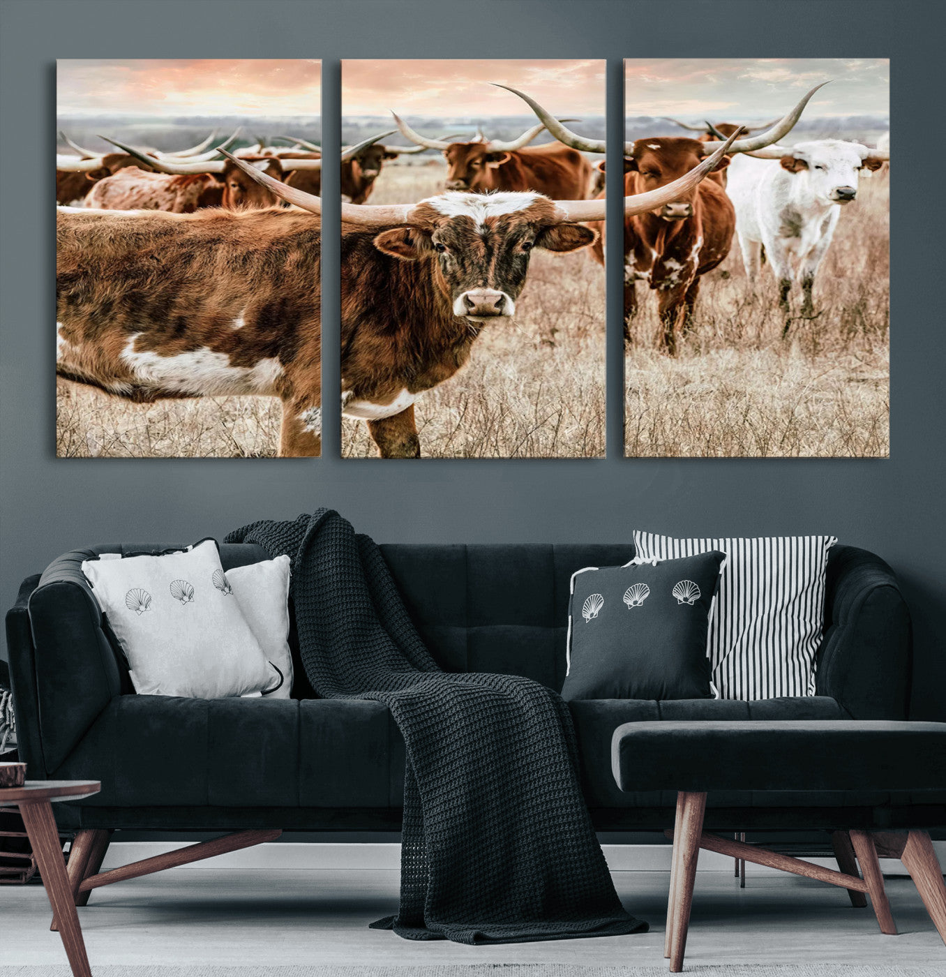 MGV-CV-60X30-3P - Texas Longhorn Cattle Wall Art Canvas Print – Rustic Western Ranch Scene with Steers at Sunset,