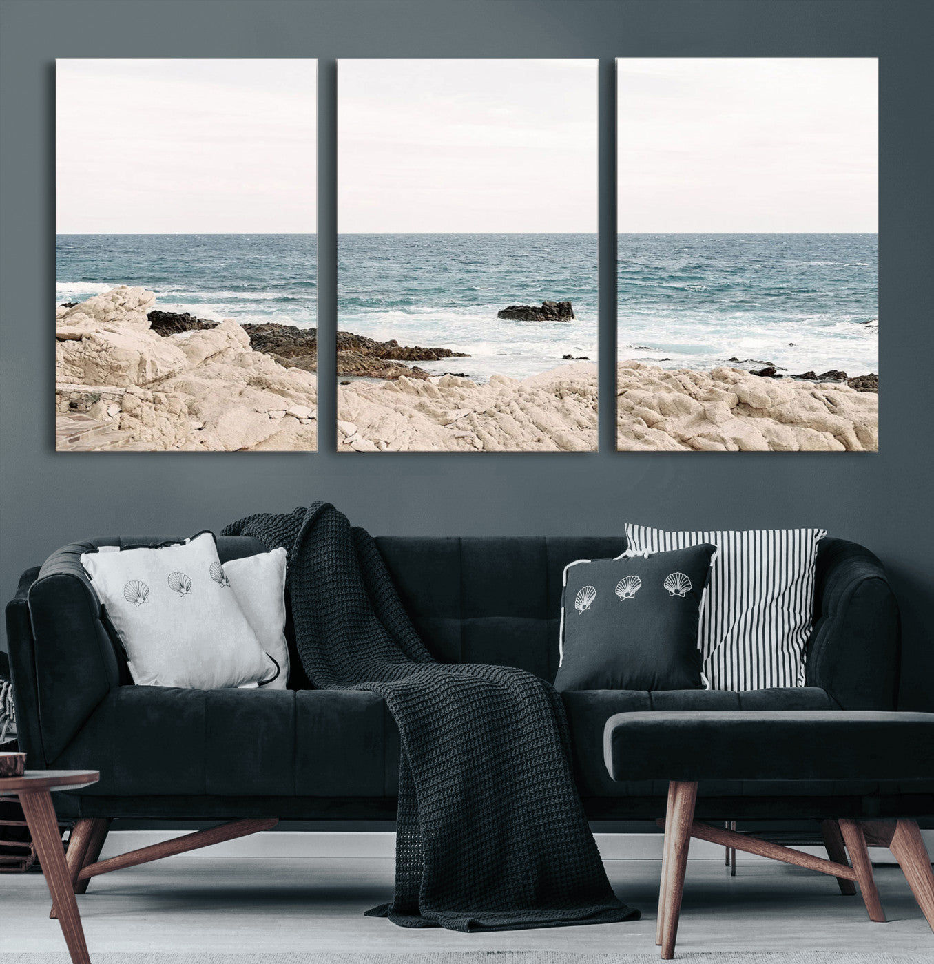 25481980-MGV-CV-60X30-3P-Coastal Ocean View Wall Art Canvas Print – Serene Rocky Shoreline and Blue Sea Photography for Home, Office