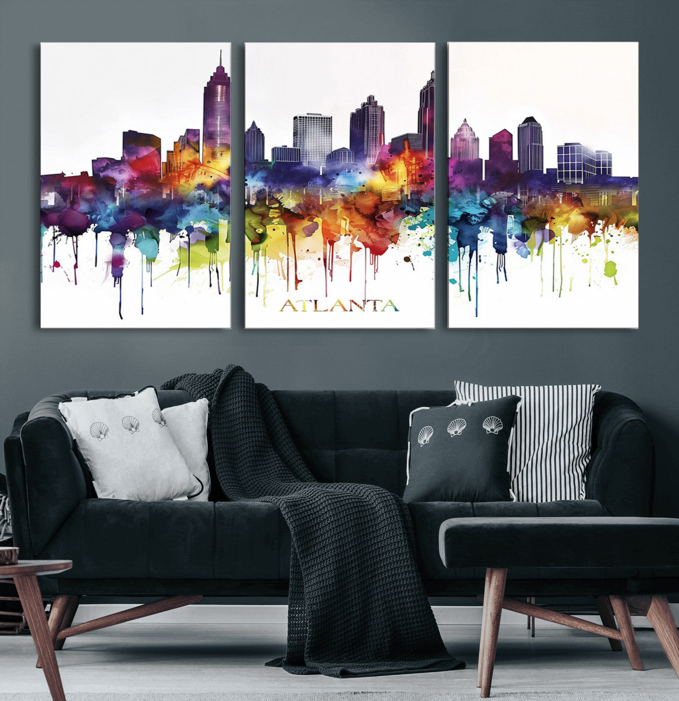 36048320-MGV-CV-36X24-Atlanta Skyline Wall Art Canvas Print – Framed Colorful Watercolor Cityscape Abstract Urban Artwork for Home, Office