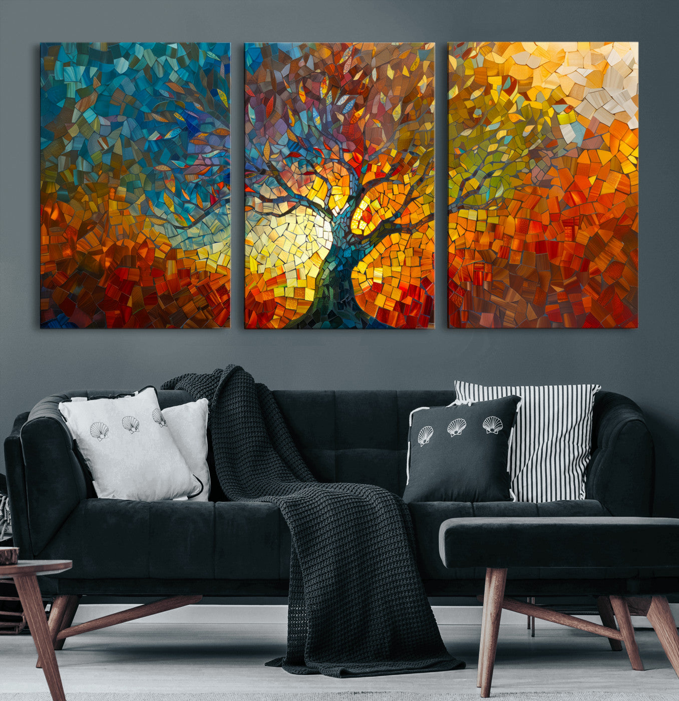 Mozaik2-MGV-CV-60X30-3P-Yggdrasil Tree of Life Mosaic Stained Glass Wall Art, Tree of Life Mosaic Wall Art Canvas Print