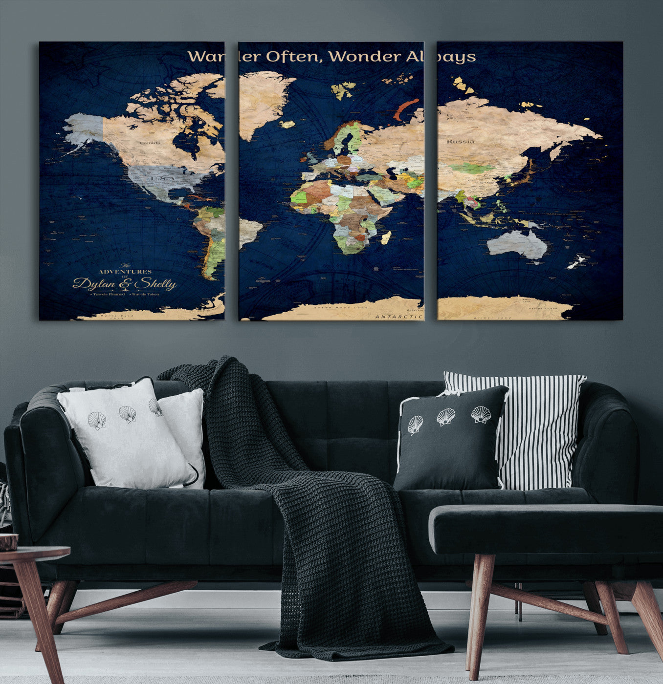 Rehber01-MGV-CV-36X24-Personalized World Map Canvas – Custom Framed Push Pin Travel Map Wall Art, Navy Blue Vintage Gift for Couples and Adventurers