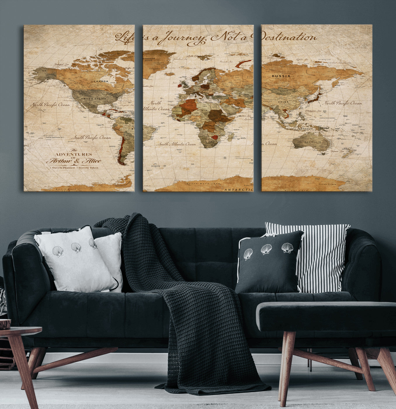 Rehber01-MGV-CV-36X24-Personalized Vintage World Map Canvas – Custom Framed Push Pin Travel Map Wall Art, Rustic Gift for Couples and Travel Lovers