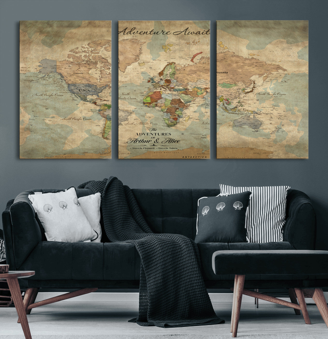 Rehber01-MGV-CV-36X24-Personalized Vintage World Map Canvas Print – Custom Push Pin Travel Map Antique Style Gift for Couples Travelers for Home Office