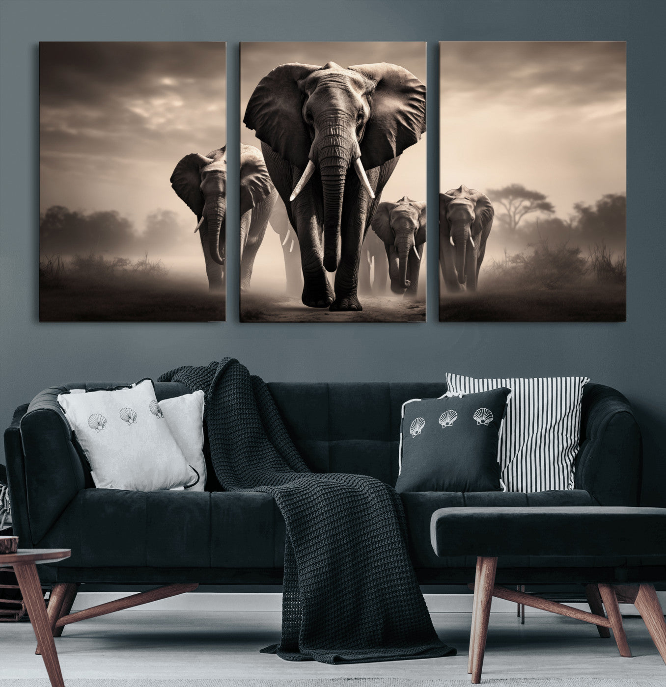 48598F10-MGV-CV-60X30-3P-Elephant Family Wall Art Canvas Print, Framed Elephant Wall Art Home Decor