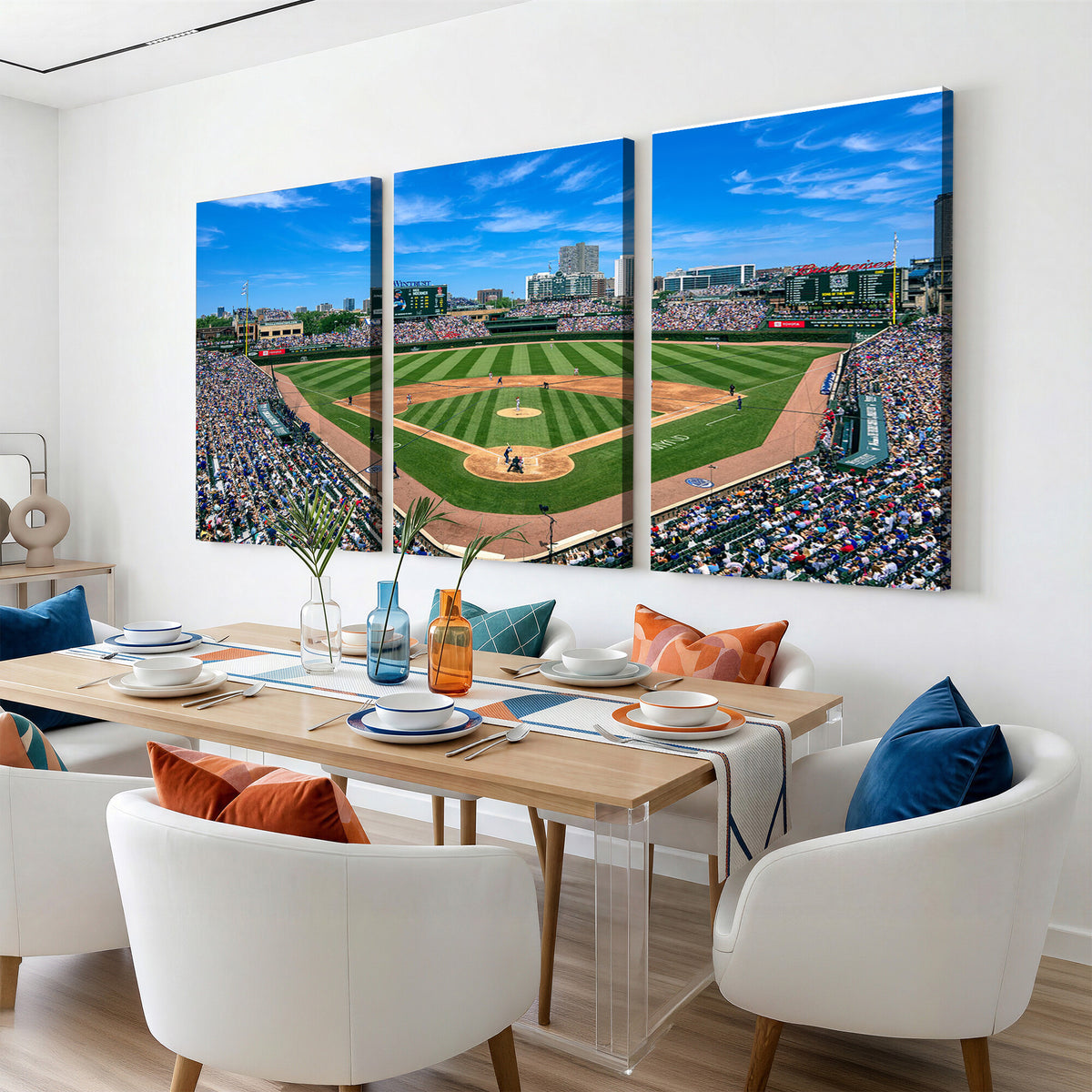 35800083-MGV-CV-36X24 - Wrigley Field Baseball Stadium Canvas Wall Art – Packed Crowd Sports Stadium City Skyline Artwork for Home Office