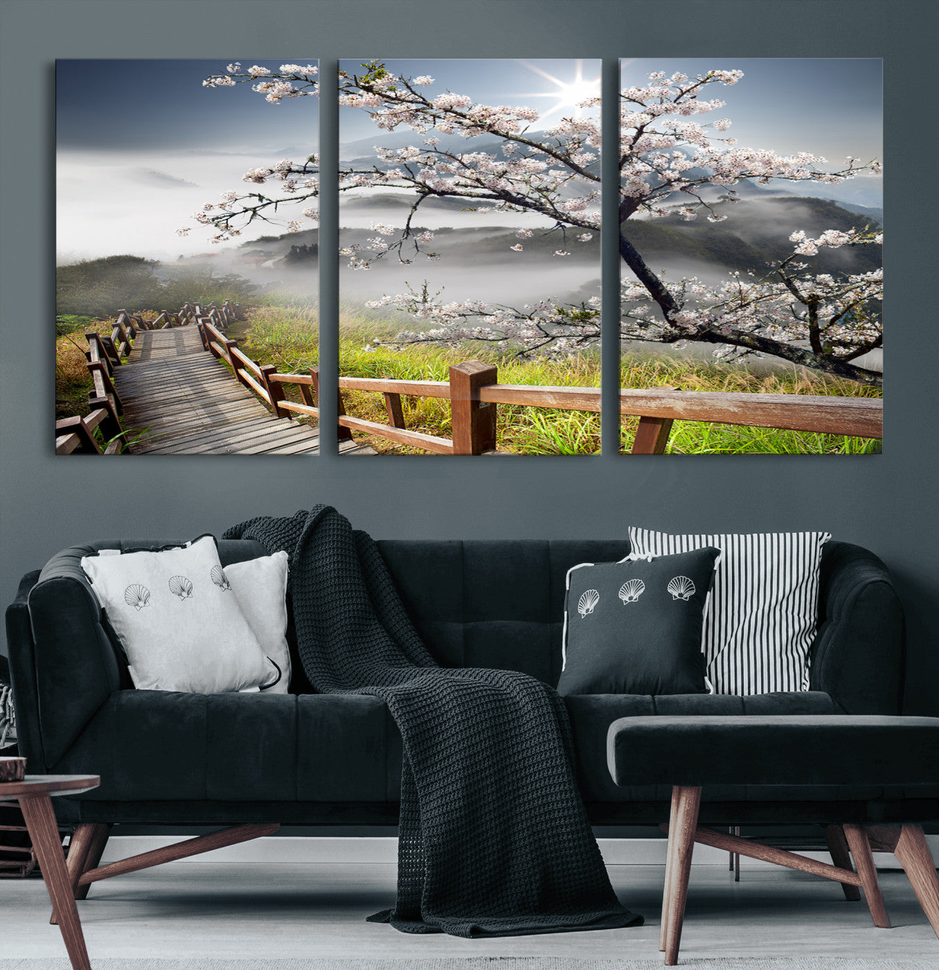 34632598CRY-MGV-CV-60X30-3P-Sakura Cherry Blossom Pathway Canvas Wall Art – Tranquil Walk Through Blossoming Nature – Ready to