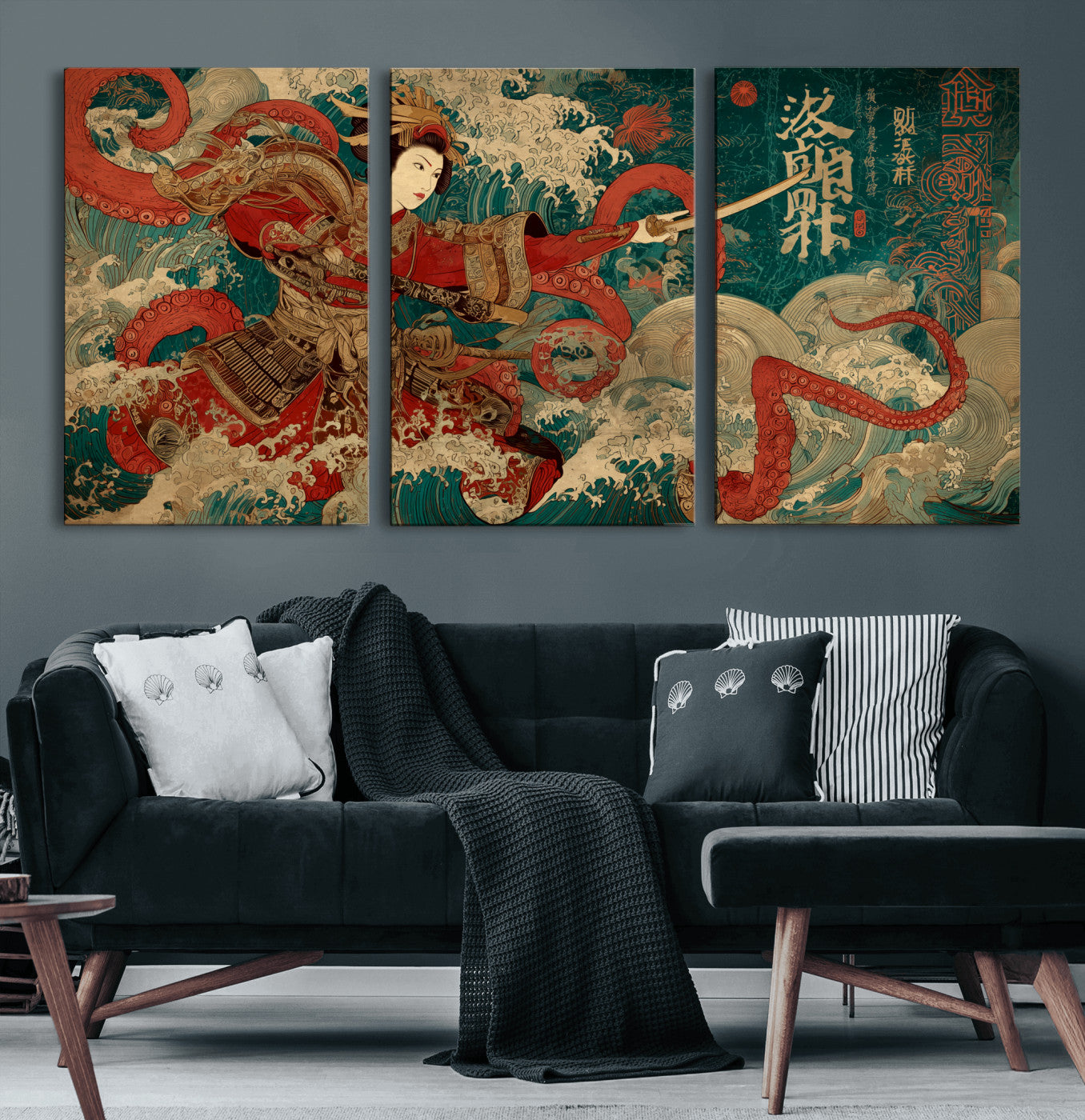 MGV-CV-60X30-3P - Tsukioka Yoshitoshi Samurai Wall Art Print, Japanese Katana Warrior Canvas Wall Art, Octopus Sea Monster Canvas Print,