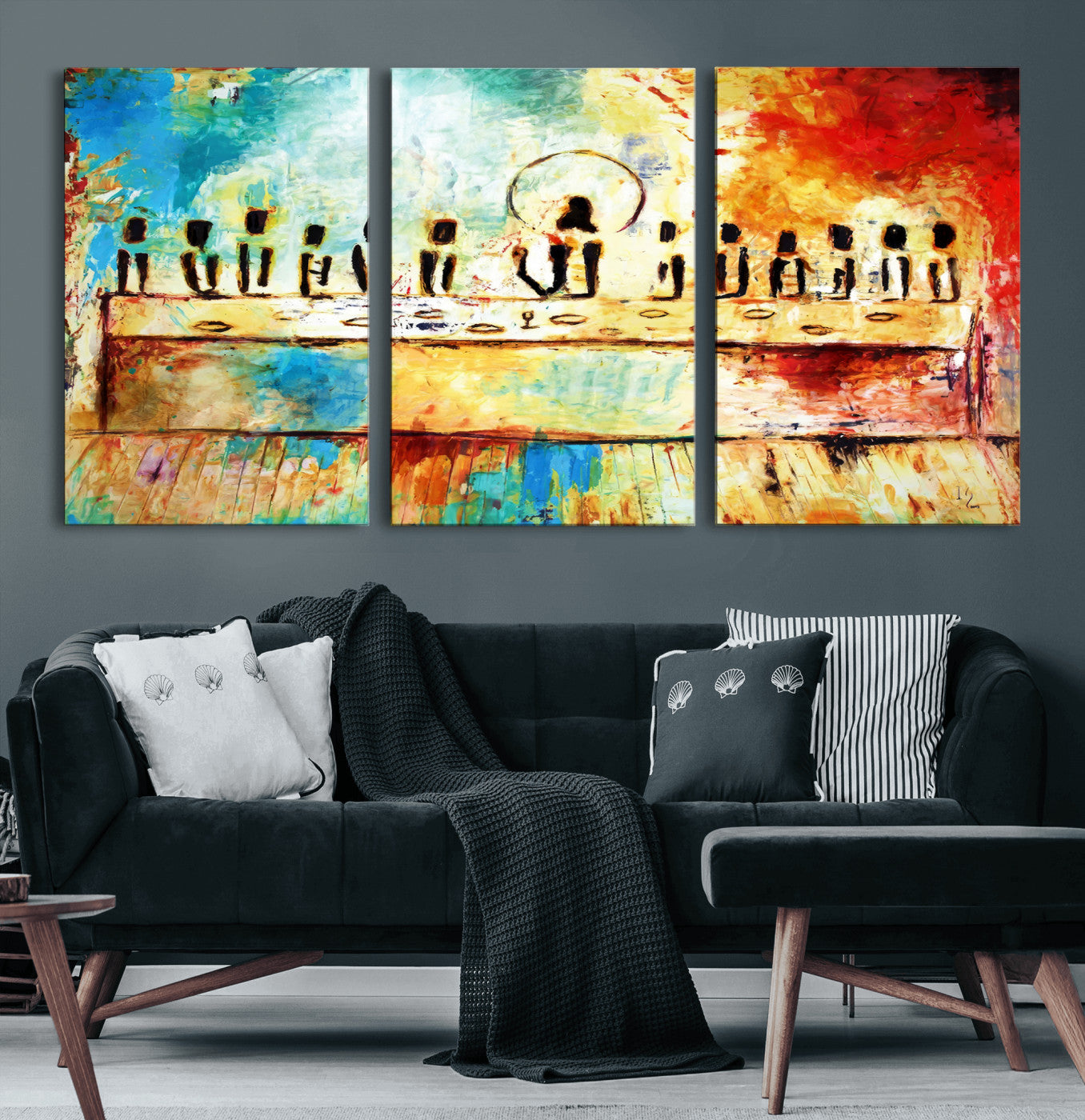 YKE34632598CR-MGV-CV-60X30-3P-Abstract Last Supper Wall Art Canvas Print – Apostles Gathering Modern Spiritual Colorful Artwork for home, office